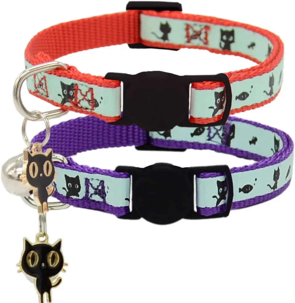 2 Pack Glow in The Dark Cat Collar with Bell Breakaway Safety Cat Puppy Collars with Pendant Red and Purple