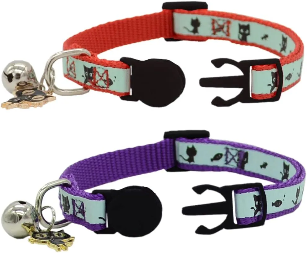 2 Pack Glow in The Dark Cat Collar with Bell Breakaway Safety Cat Puppy Collars with Pendant Red and Purple