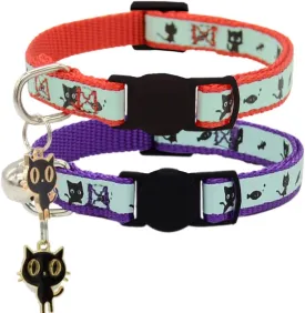 2 Pack Glow in The Dark Cat Collar with Bell Breakaway Safety Cat Puppy Collars with Pendant Red and Purple