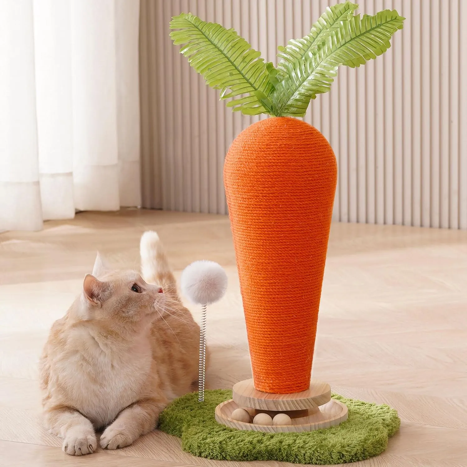24' H Cat Scratching Post Carrot with Catnip, Cute Cat Scratcher Post with Durable Natural Wooden Turntable Toy, Carrot Shape Design Cat Toy Cat Tree Sisal Scratcher for Indoor Cats (Cloud Base)
