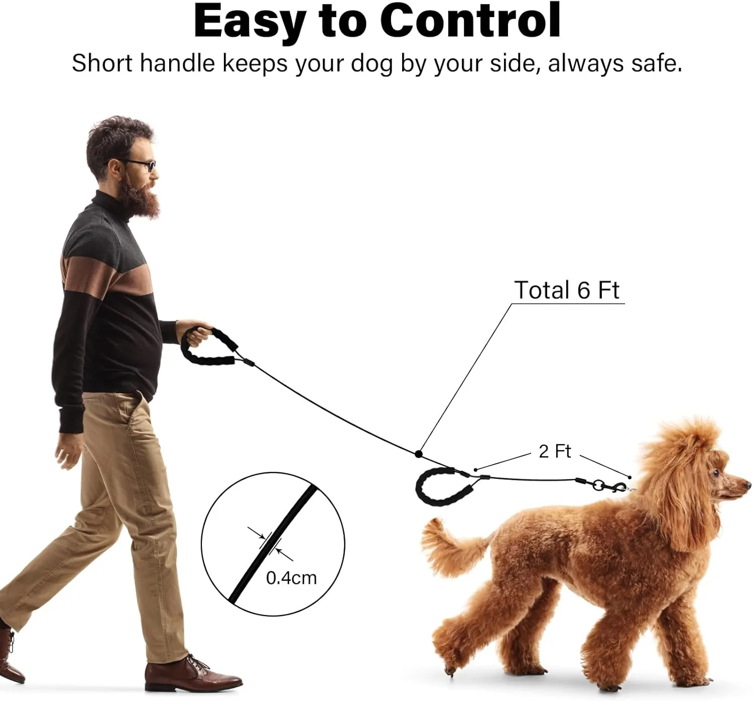 6FT Chew Proof Dog Leashes with Two Comfortable Padded Handles, Heavy Duty Steel for Large or Medium Dogs Walking and Training Control, Traffic Metal Lead Rope with Rotate Clasp for Puppies -BK