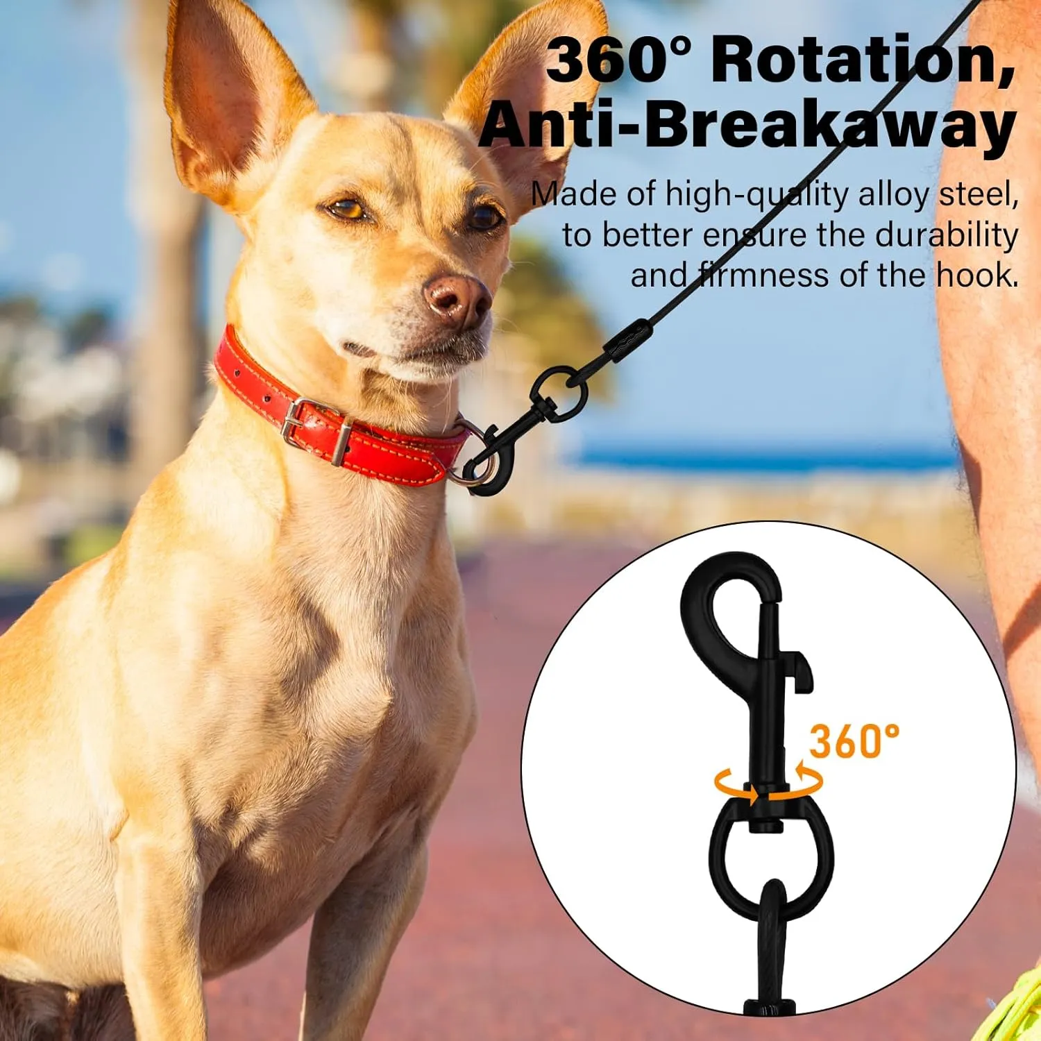 6FT Chew Proof Dog Leashes with Two Comfortable Padded Handles, Heavy Duty Steel for Large or Medium Dogs Walking and Training Control, Traffic Metal Lead Rope with Rotate Clasp for Puppies -BK
