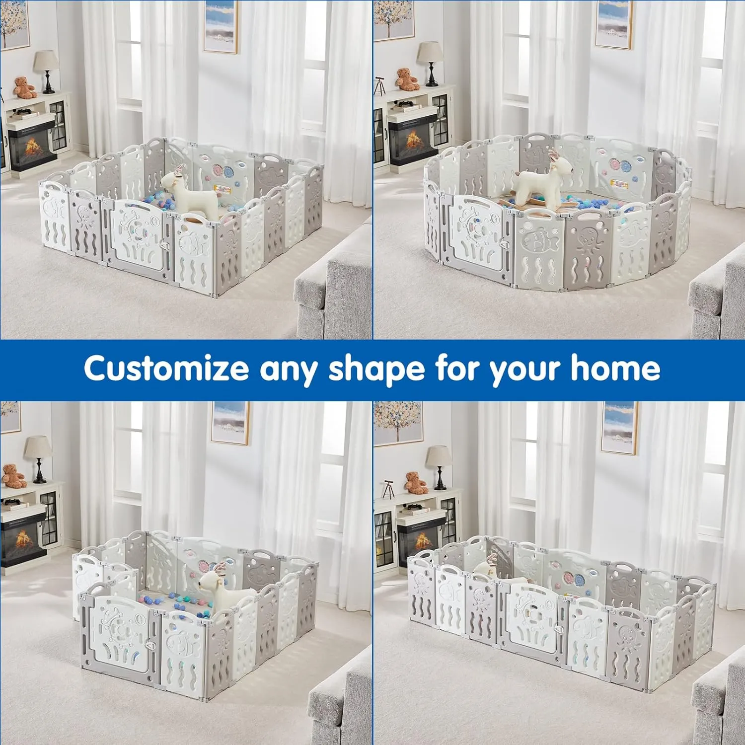 Albott Baby Playpen, Upgraded 14 Panels Foldable Baby Fence with Game Panel and Safety Gate, Adjustable Shape, Portable Play Yards for Children Toddlers Indoors or Outdoors (White Grey,14 Panel)