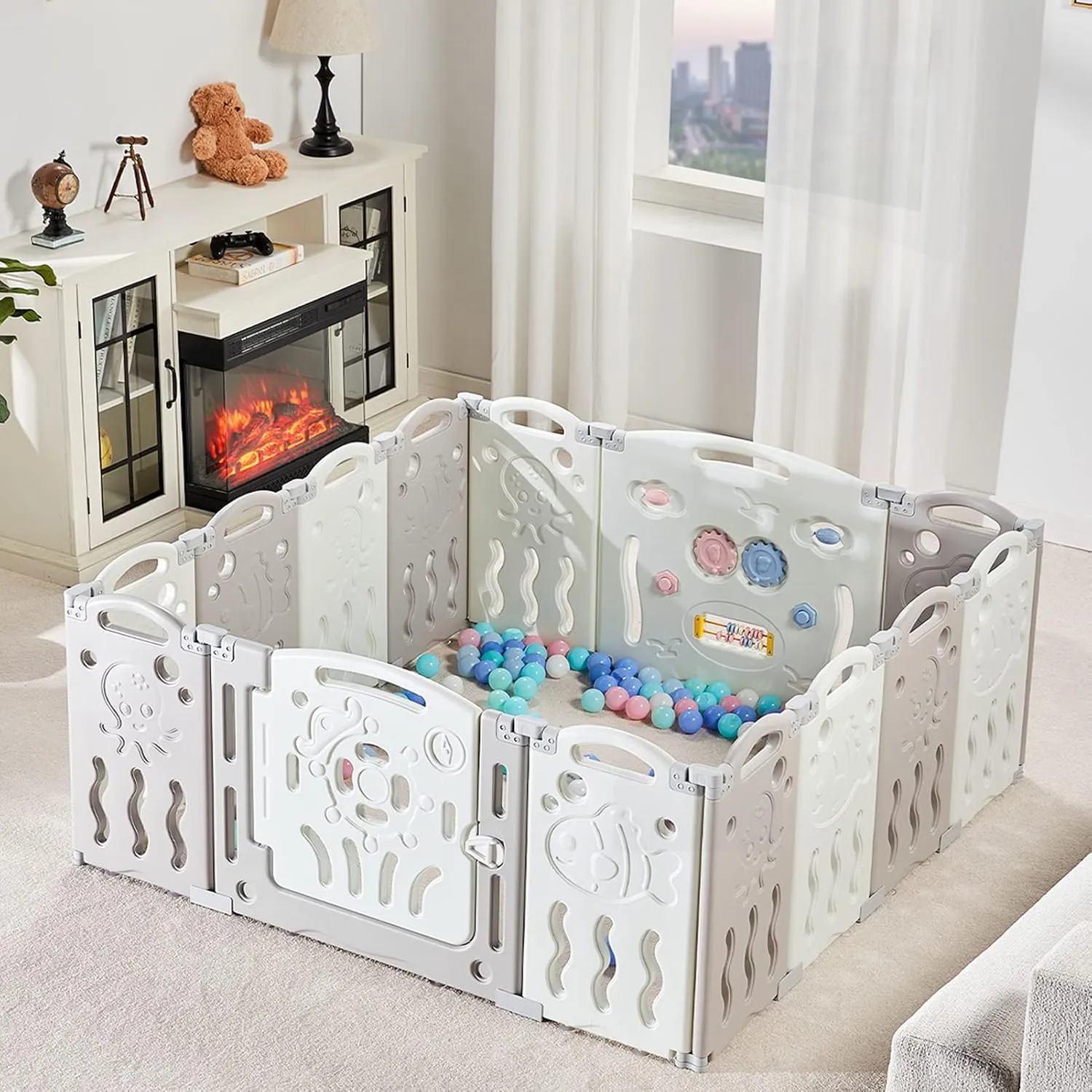 Albott Baby Playpen, Upgraded 14 Panels Foldable Baby Fence with Game Panel and Safety Gate, Adjustable Shape, Portable Play Yards for Children Toddlers Indoors or Outdoors (White Grey,14 Panel)