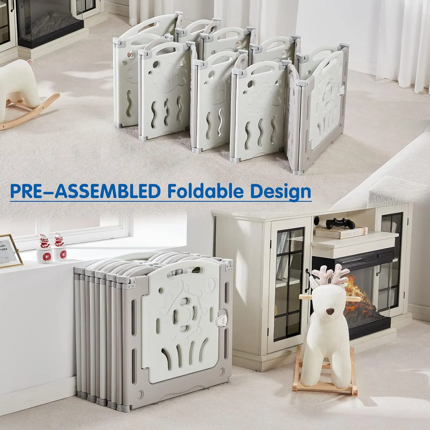 Albott Baby Playpen, Upgraded 14 Panels Foldable Baby Fence with Game Panel and Safety Gate, Adjustable Shape, Portable Play Yards for Children Toddlers Indoors or Outdoors (White Grey,14 Panel)