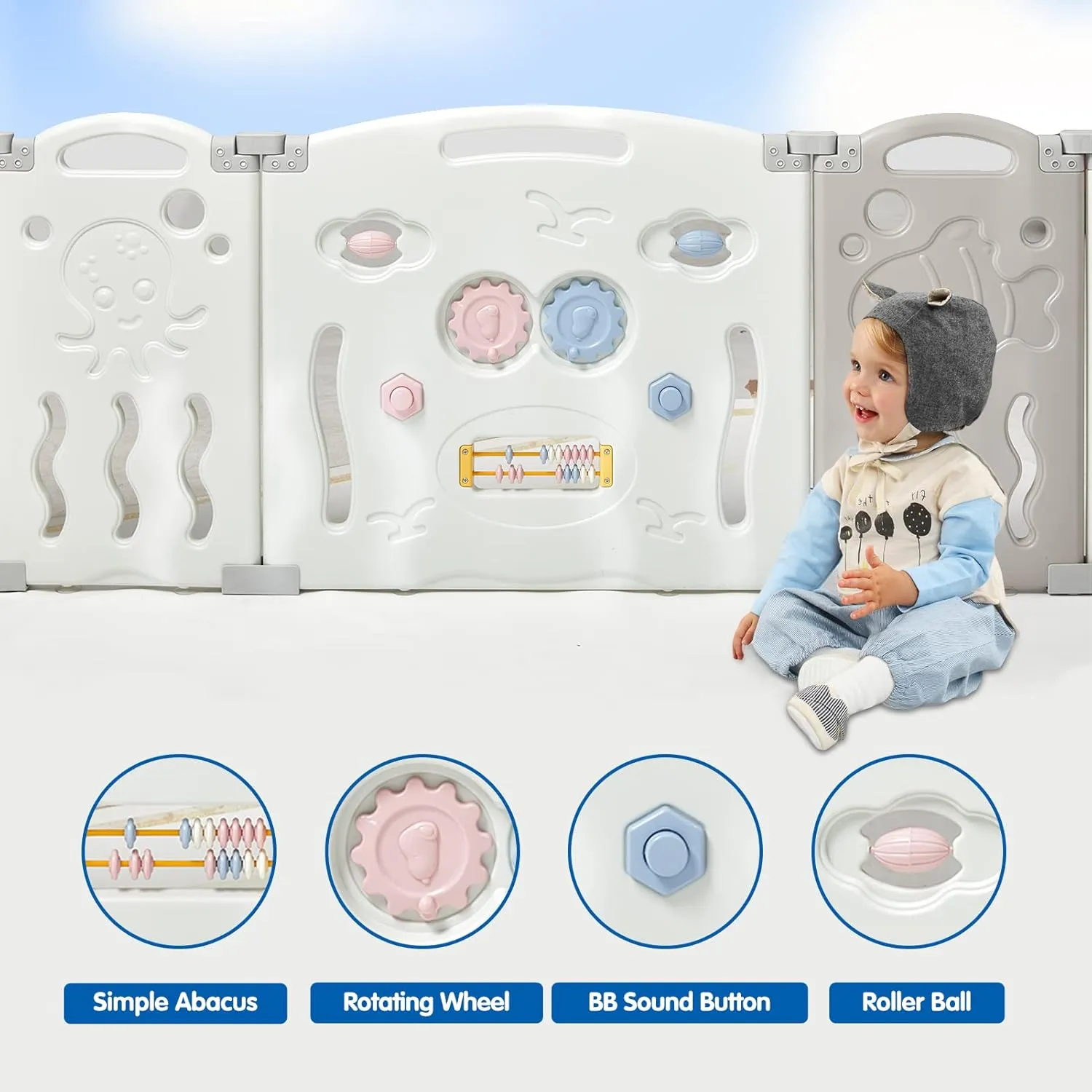 Albott Baby Playpen, Upgraded 14 Panels Foldable Baby Fence with Game Panel and Safety Gate, Adjustable Shape, Portable Play Yards for Children Toddlers Indoors or Outdoors (White Grey,14 Panel)