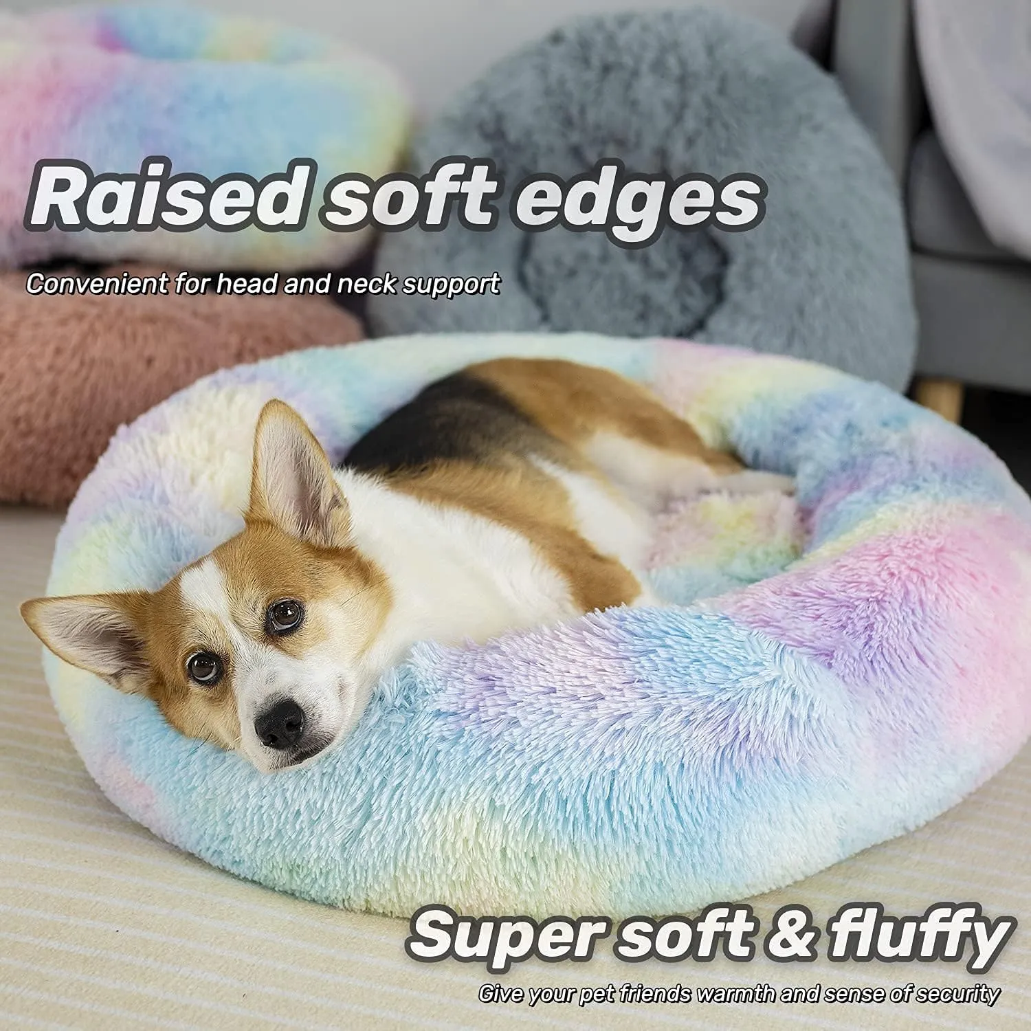 Anti Anxiety Round Fluffy Plush Faux Fur Warm Washable Dog Bed & Cat Bed, Original Bed for Small Medium Large Pets,Used to Relieve Joints and Improve Sleep20"/24"/27'' (20", Rainbow)