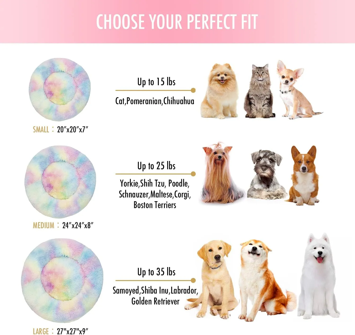 Anti Anxiety Round Fluffy Plush Faux Fur Warm Washable Dog Bed & Cat Bed, Original Bed for Small Medium Large Pets,Used to Relieve Joints and Improve Sleep20"/24"/27'' (20", Rainbow)