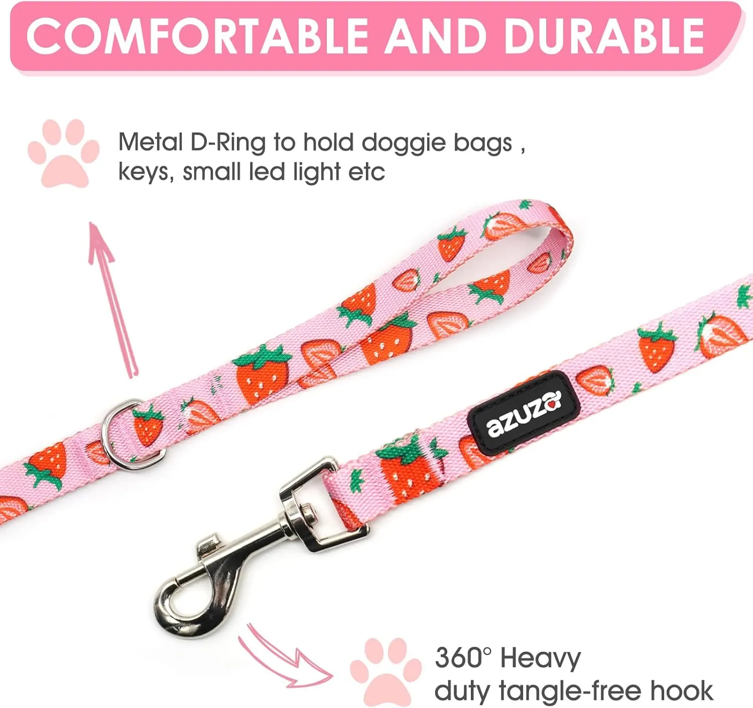 azuza Dog Collar and Leash Set, Cute Strawberry Patterns on Pink Nylon Collar and Matching Leash, Great Option for Medium Dogs