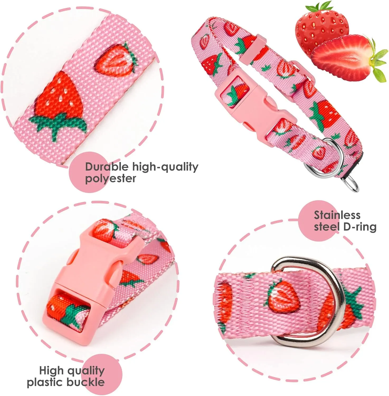 azuza Dog Collar and Leash Set, Cute Strawberry Patterns on Pink Nylon Collar and Matching Leash, Great Option for Medium Dogs