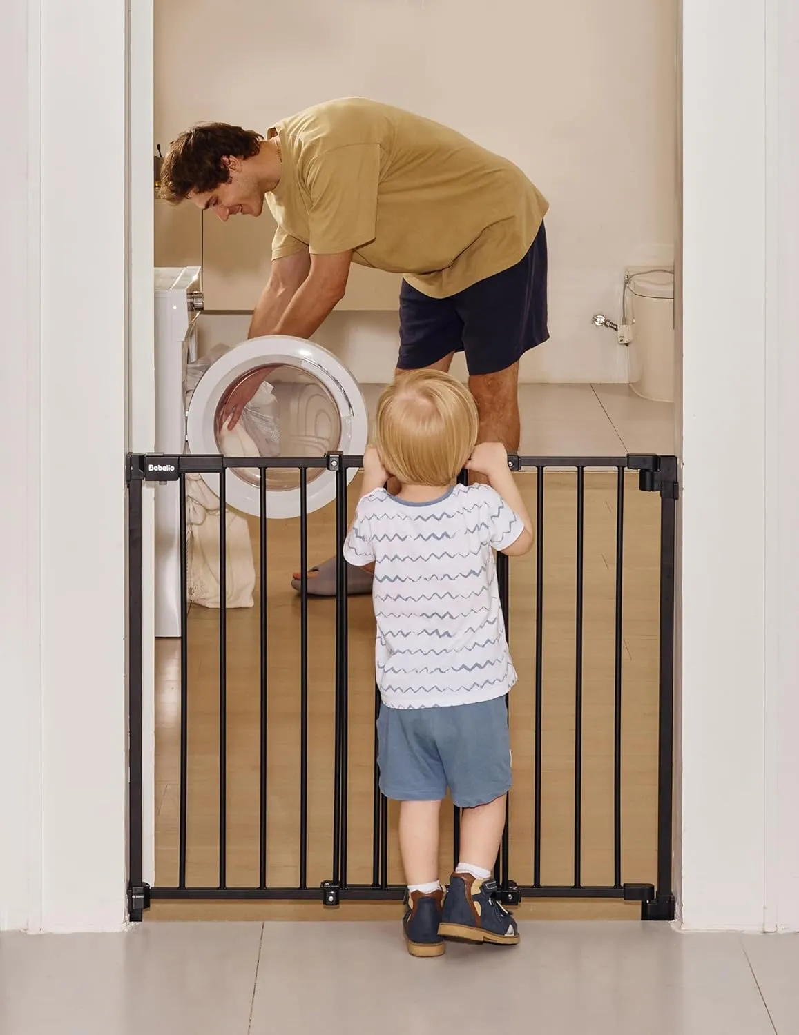 Babelio 29-43" No Bottom Bar Baby/Dog Gate for Stairs and Doorways, Easy to Remove and Install, Auto Close Function, Extra-Wide Walk Thru Door, Hardware Mount, 30" Tall, Black