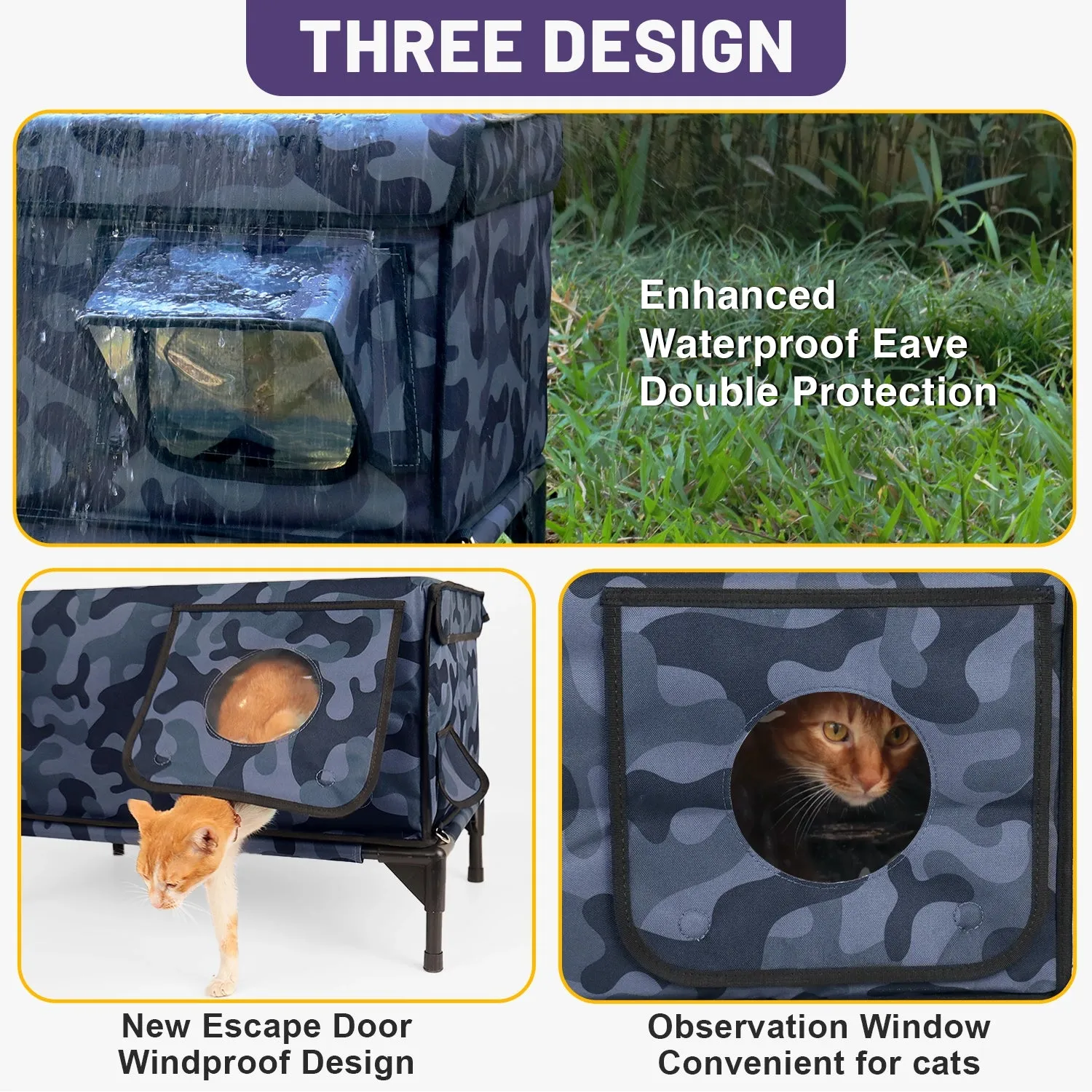 Black Camouflage Double Door High Leg Outdoor Heated Cat House