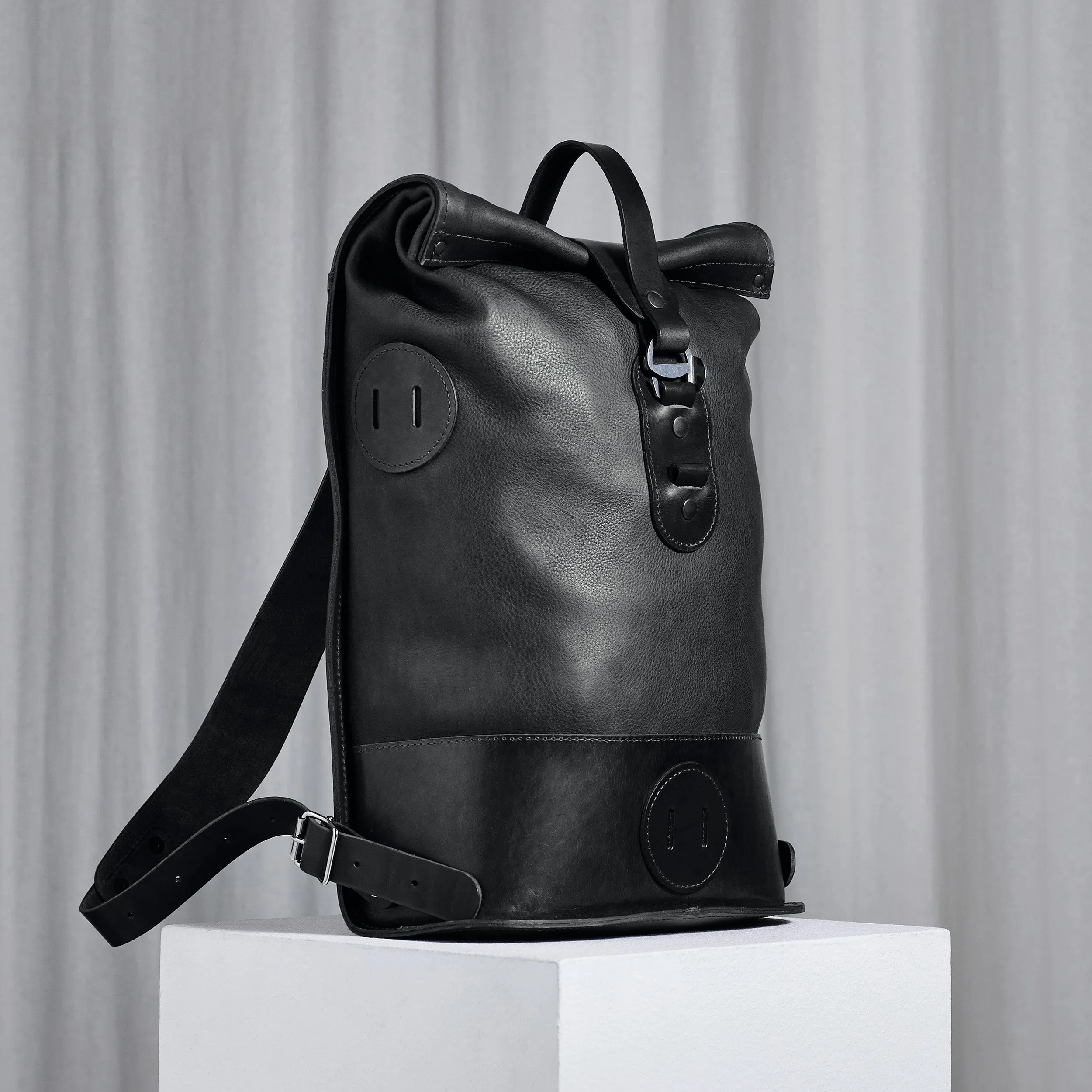Black Small Fold Top – Leather Backpack