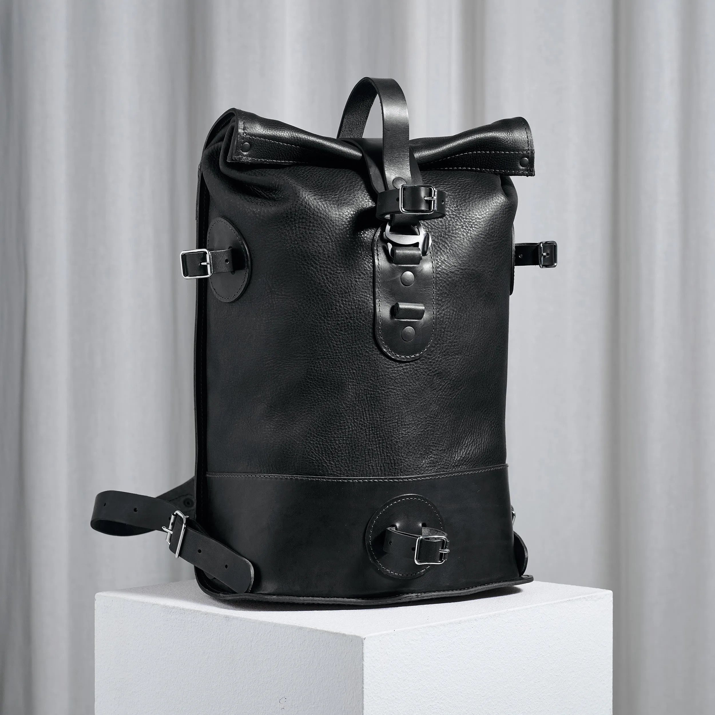 Black Small Fold Top – Leather Backpack