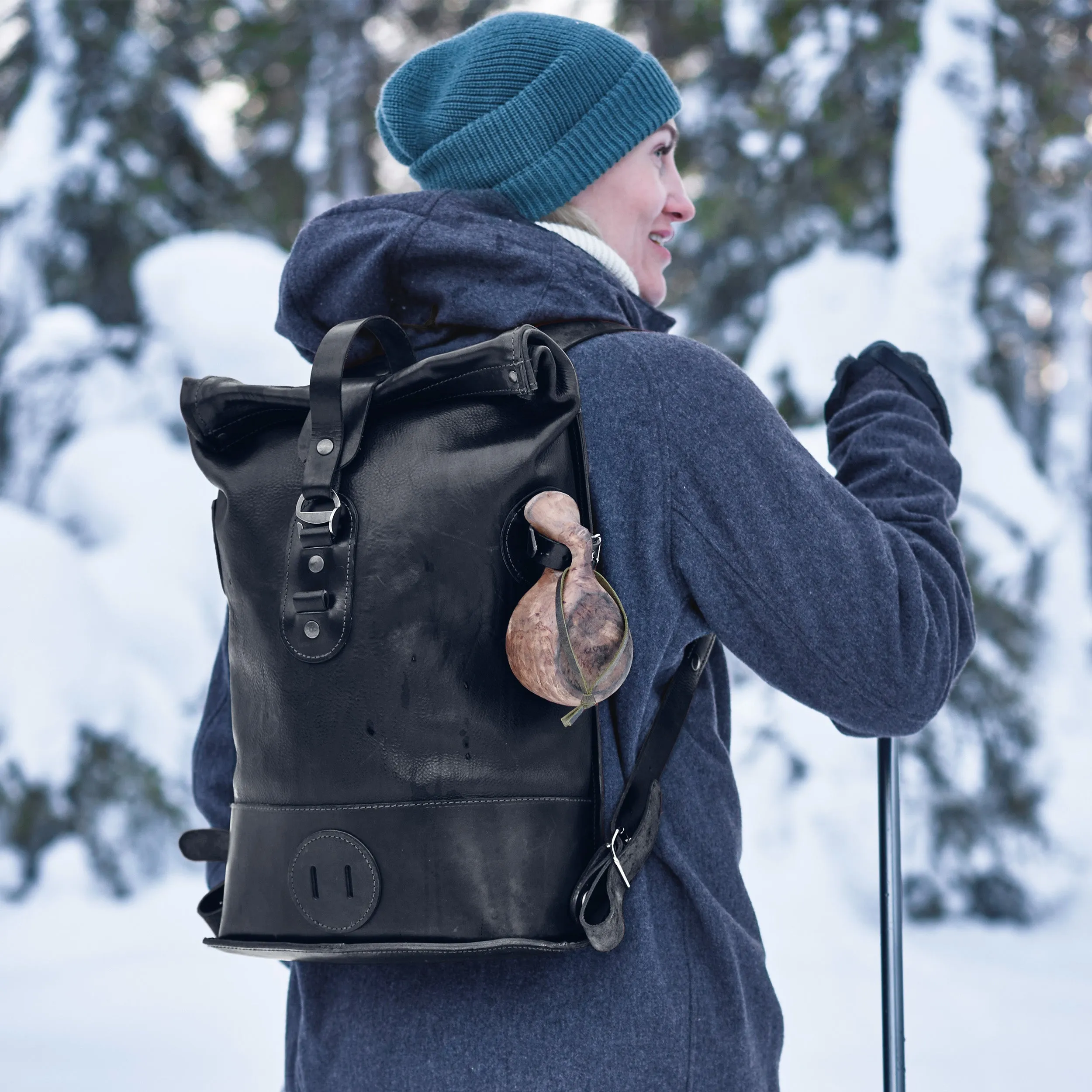 Black Small Fold Top – Leather Backpack