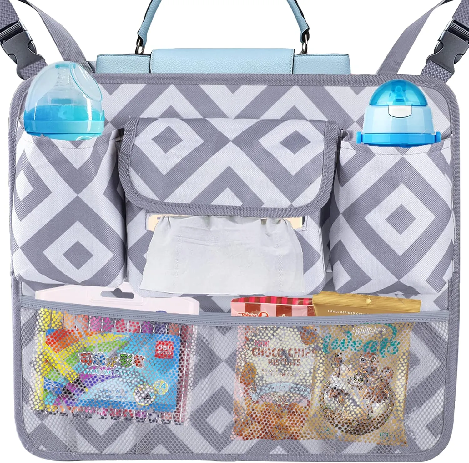 Car Organizer with Net Pocket Handbag Holder Between Car Front Seats Collapsible Storage Organizer with Purse Holder Pet and Kids BarrierGray Diamond