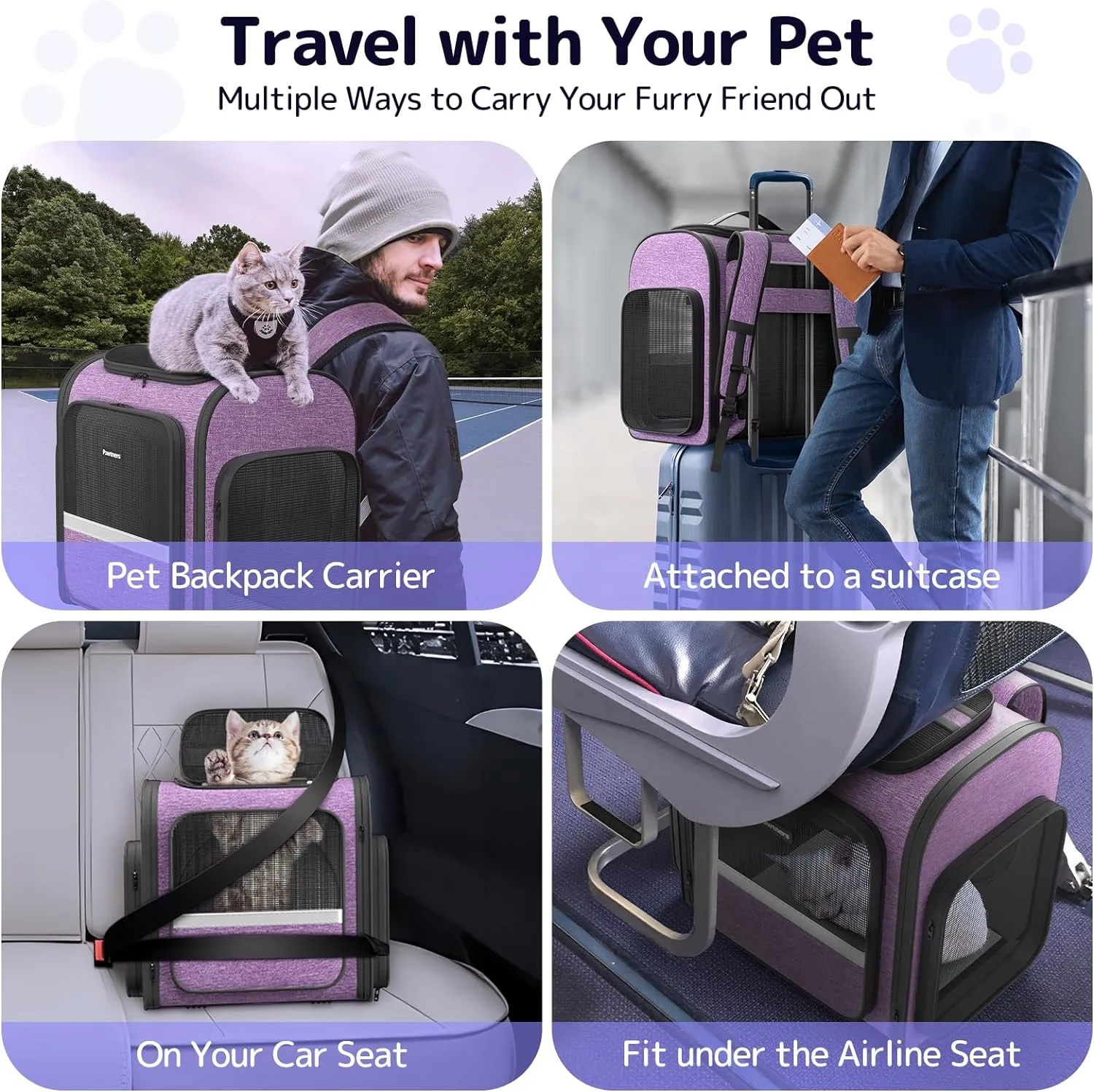 Cat Carrier Backpacks Pawtners Expandable Cat Backpack with Breathable Mesh, Pet Carrier Backpack for Cats Small Dogs Puppies Up to 18 Lbs, Dog Carrier Backpack for Travel Hiking Camping Outdoor