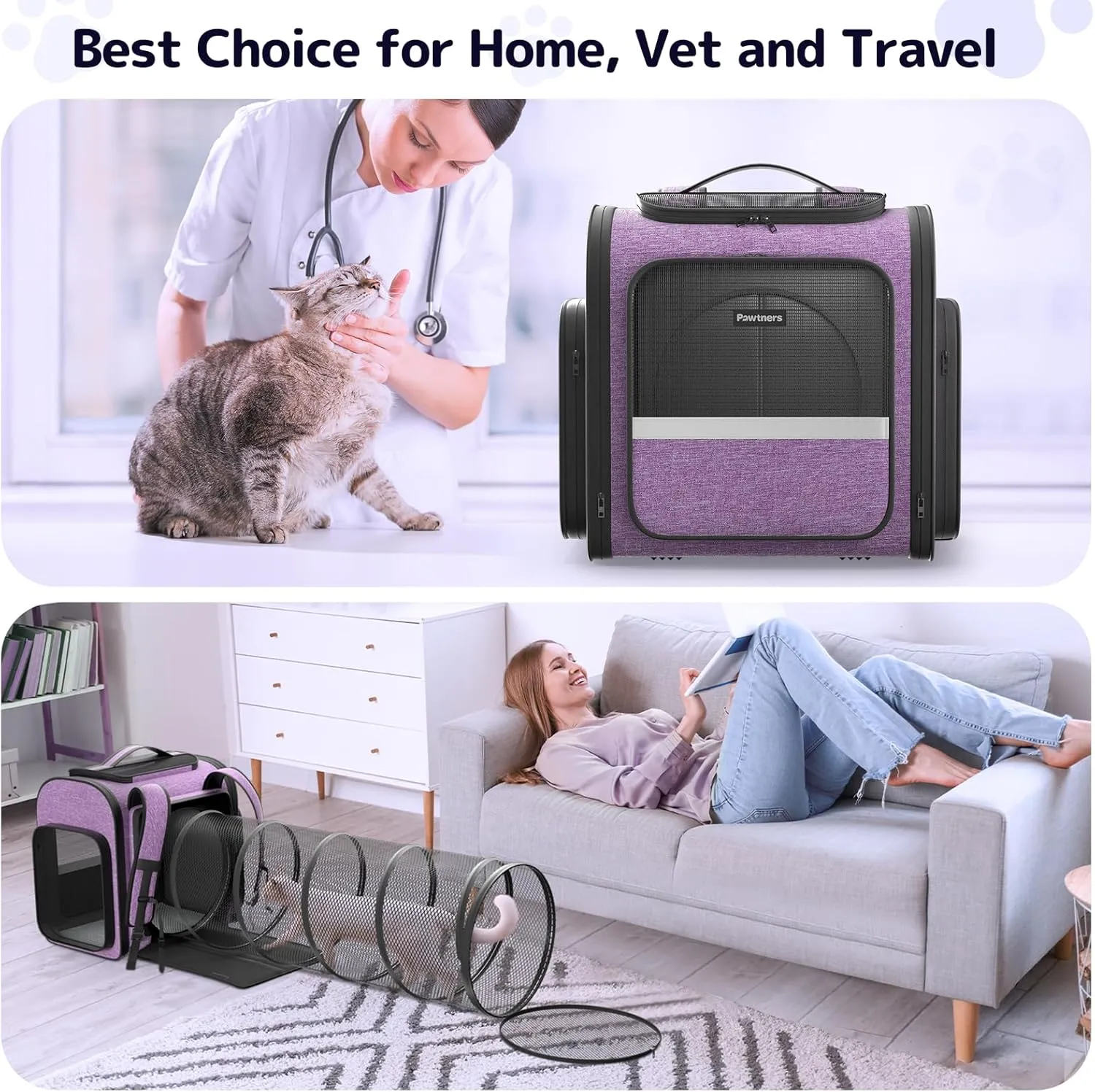 Cat Carrier Backpacks Pawtners Expandable Cat Backpack with Breathable Mesh, Pet Carrier Backpack for Cats Small Dogs Puppies Up to 18 Lbs, Dog Carrier Backpack for Travel Hiking Camping Outdoor