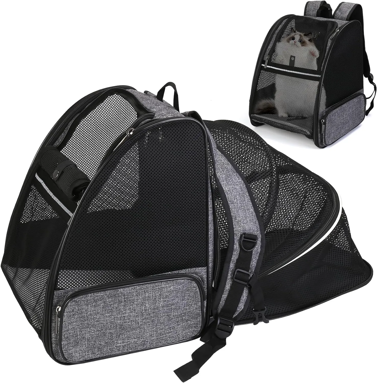 Cat Carrier Expandable Backpack, Airline Approved Pet Carriers for Small Dogs, Large Cat Bag Carrier, Foldable Collapsible Travel Bookbag for Carrying Cats Puppy Kitten Bunny Bird Chicken (Black)