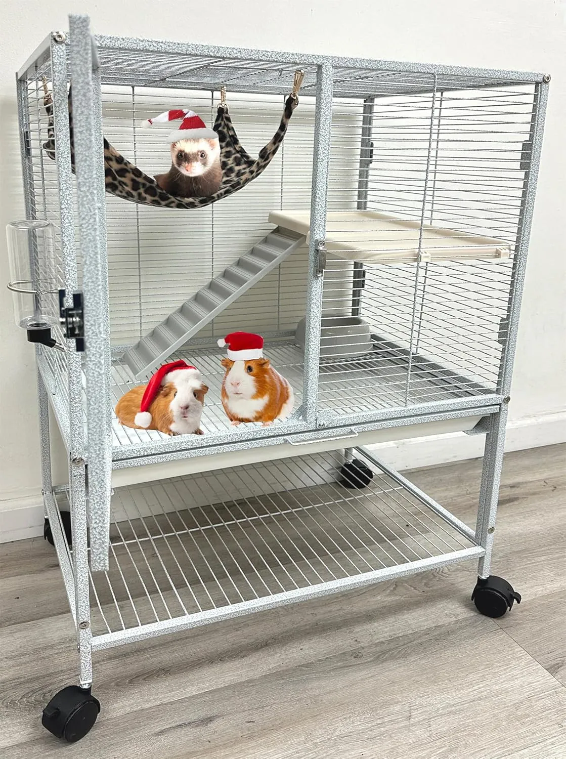 Deluxe 2-Level Durable Frame Front Doors Chew Free Feisty Ferret Hammock Chinchilla Small Animal Critter Home Cage Wrought Iron Cage Tight 1/2-inch Bar Spacing Rolling Stand