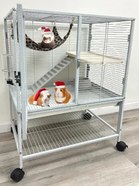 Deluxe 2-Level Durable Frame Front Doors Chew Free Feisty Ferret Hammock Chinchilla Small Animal Critter Home Cage Wrought Iron Cage Tight 1/2-inch Bar Spacing Rolling Stand