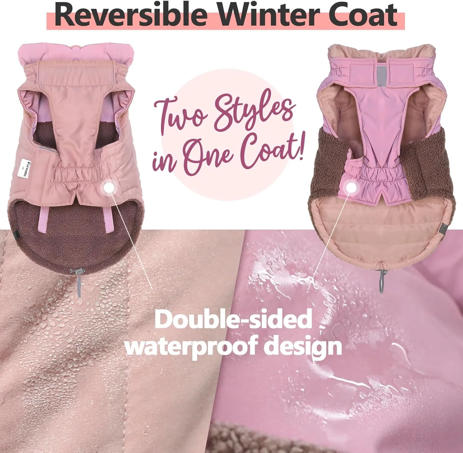 Dog Coat, Reversible Dual Waterproof Jacket, Reflective Winter Coat, Warm Cold Weather Coats Snow Jacket Vest, Dog Clothes with Adjustable Strap for Small Medium Large Dogs (Pink,L)