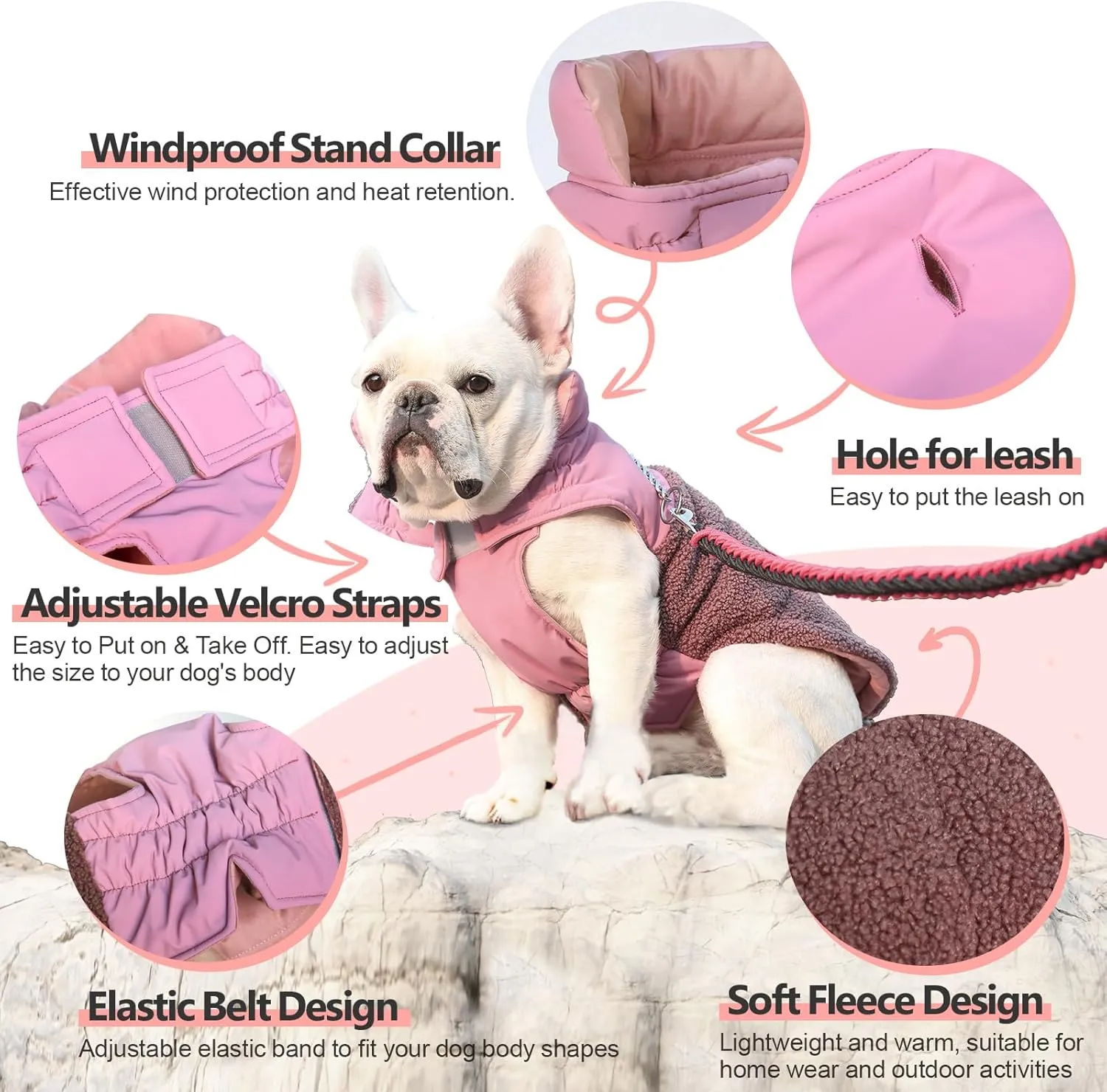 Dog Coat, Reversible Dual Waterproof Jacket, Reflective Winter Coat, Warm Cold Weather Coats Snow Jacket Vest, Dog Clothes with Adjustable Strap for Small Medium Large Dogs (Pink,L)