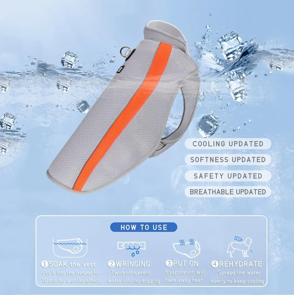 Dog Cooling Vest UV Protection, Lightweight Cooling Harness for Large Dogs with Evaporative Cool Technology for Training Camping, Orange, 3XL