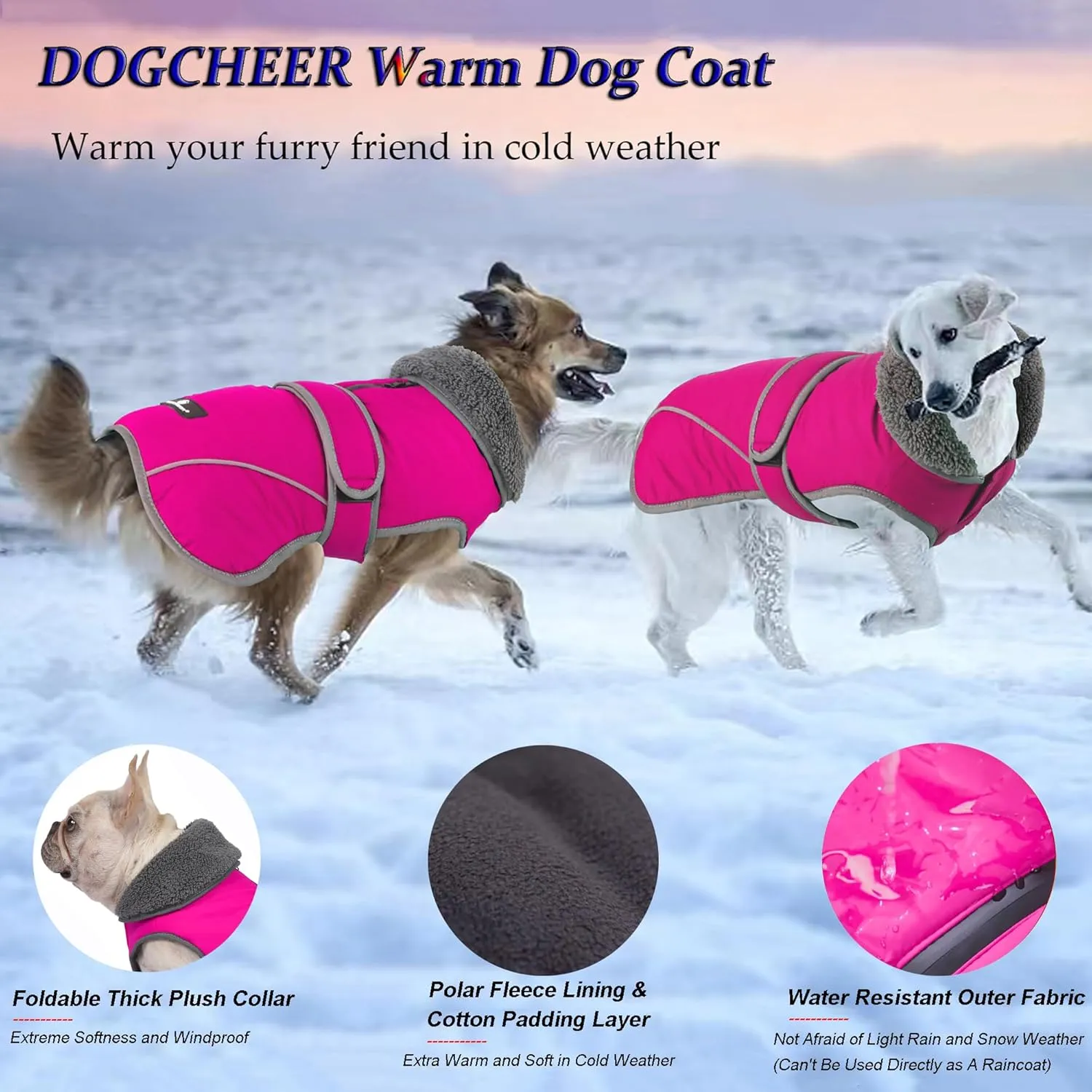 Dogcheer Dog Coat - Waterproof Winter Jacket with Leash Hole, Reflective, Adjustable, Snowsuit - Pink, M
