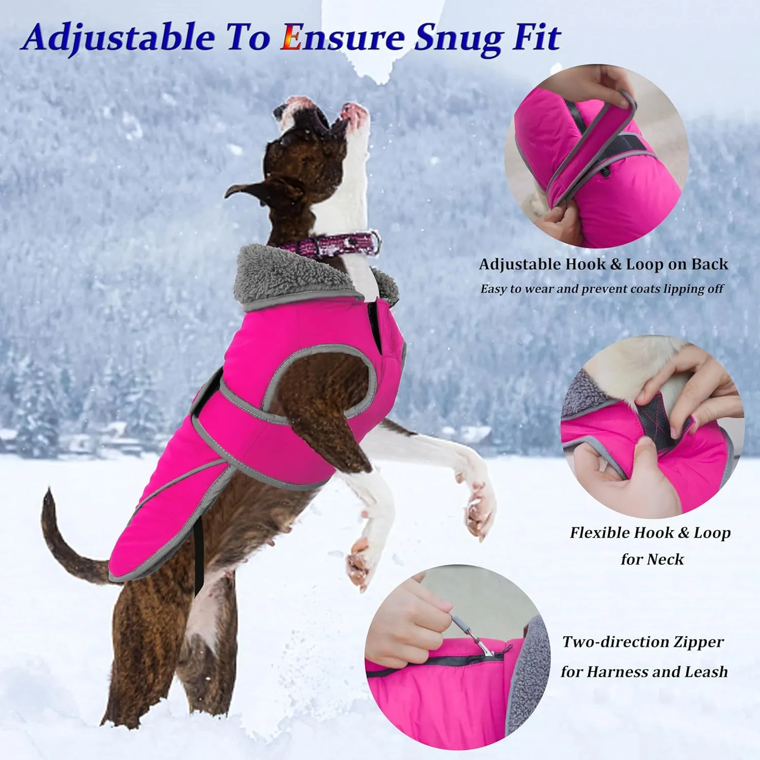 Dogcheer Dog Coat - Waterproof Winter Jacket with Leash Hole, Reflective, Adjustable, Snowsuit - Pink, M