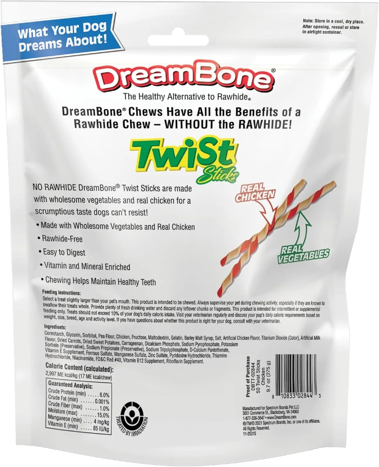 DreamBone Twist Sticks Chews for Dogs, 50 Count, Treat Your Dog to Easy-to-Digest Rawhide-Free Chews Made with Real Vegetables and Chicken