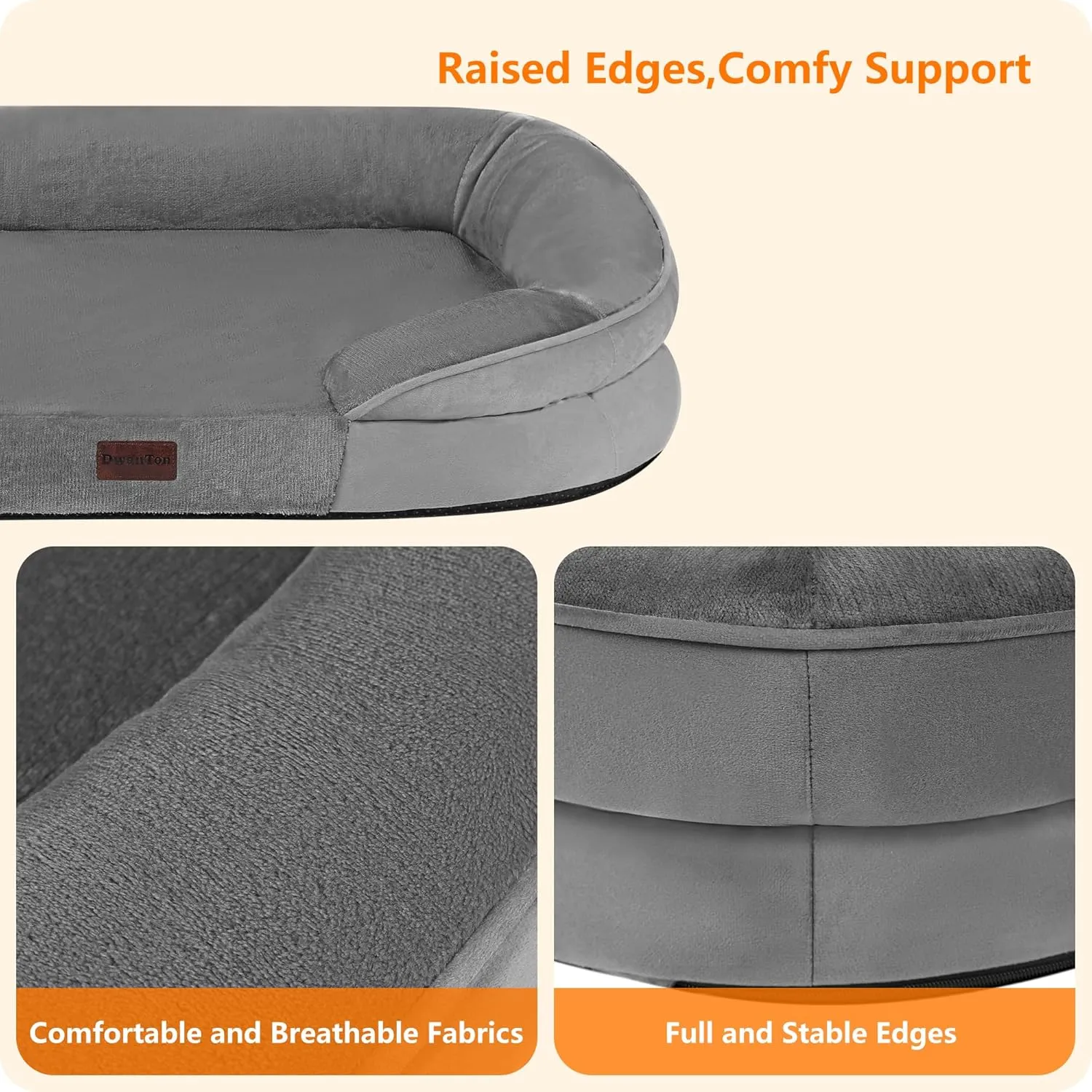 Dwanton Orthopedic Dog Bed for Medium Dogs, Waterproof Dog Sofa with Egg Foam Support, Washable Pet Bed with Four Sided Bolster Cushion, with Removable Cover & Non-Slip Bottom, 35 Inches, Medium Gray