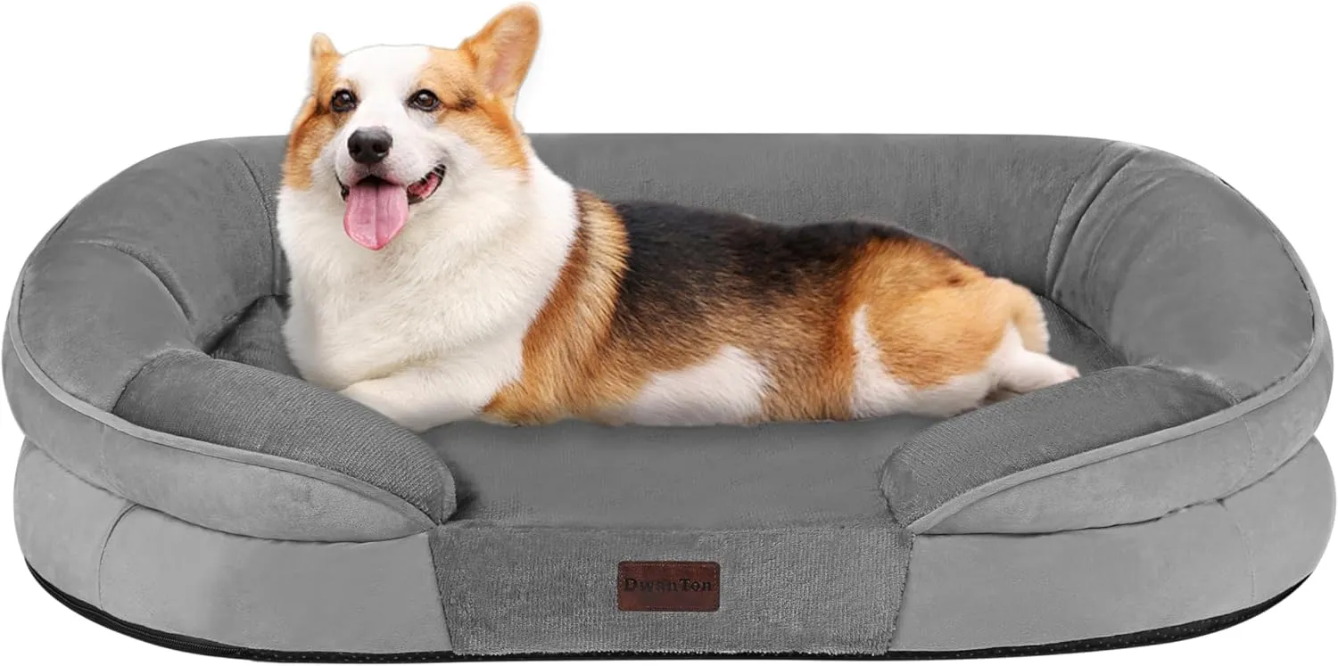Dwanton Orthopedic Dog Bed for Medium Dogs, Waterproof Dog Sofa with Egg Foam Support, Washable Pet Bed with Four Sided Bolster Cushion, with Removable Cover & Non-Slip Bottom, 35 Inches, Medium Gray