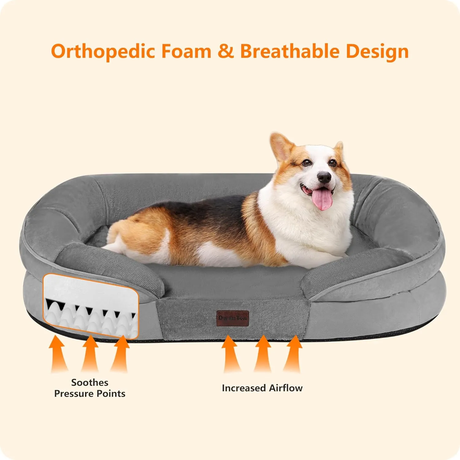 Dwanton Orthopedic Dog Bed for Medium Dogs, Waterproof Dog Sofa with Egg Foam Support, Washable Pet Bed with Four Sided Bolster Cushion, with Removable Cover & Non-Slip Bottom, 35 Inches, Medium Gray