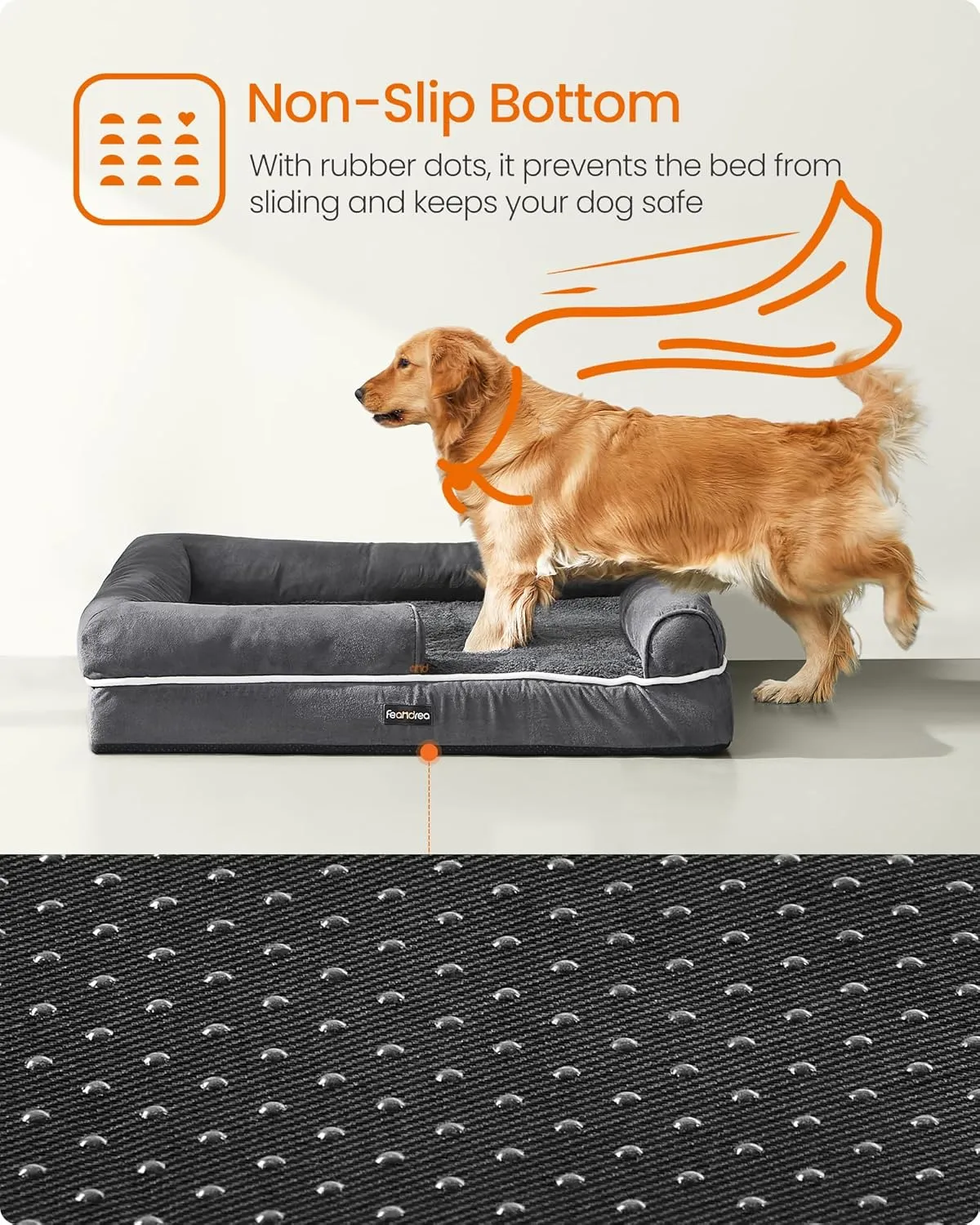 Feandrea Orthopedic Dog Bed - Large, Waterproof, Removable Washable Cover, Non-Slip Bottom, Raised Edges, 42 x 32 x 8 Inches, Dark Gray
