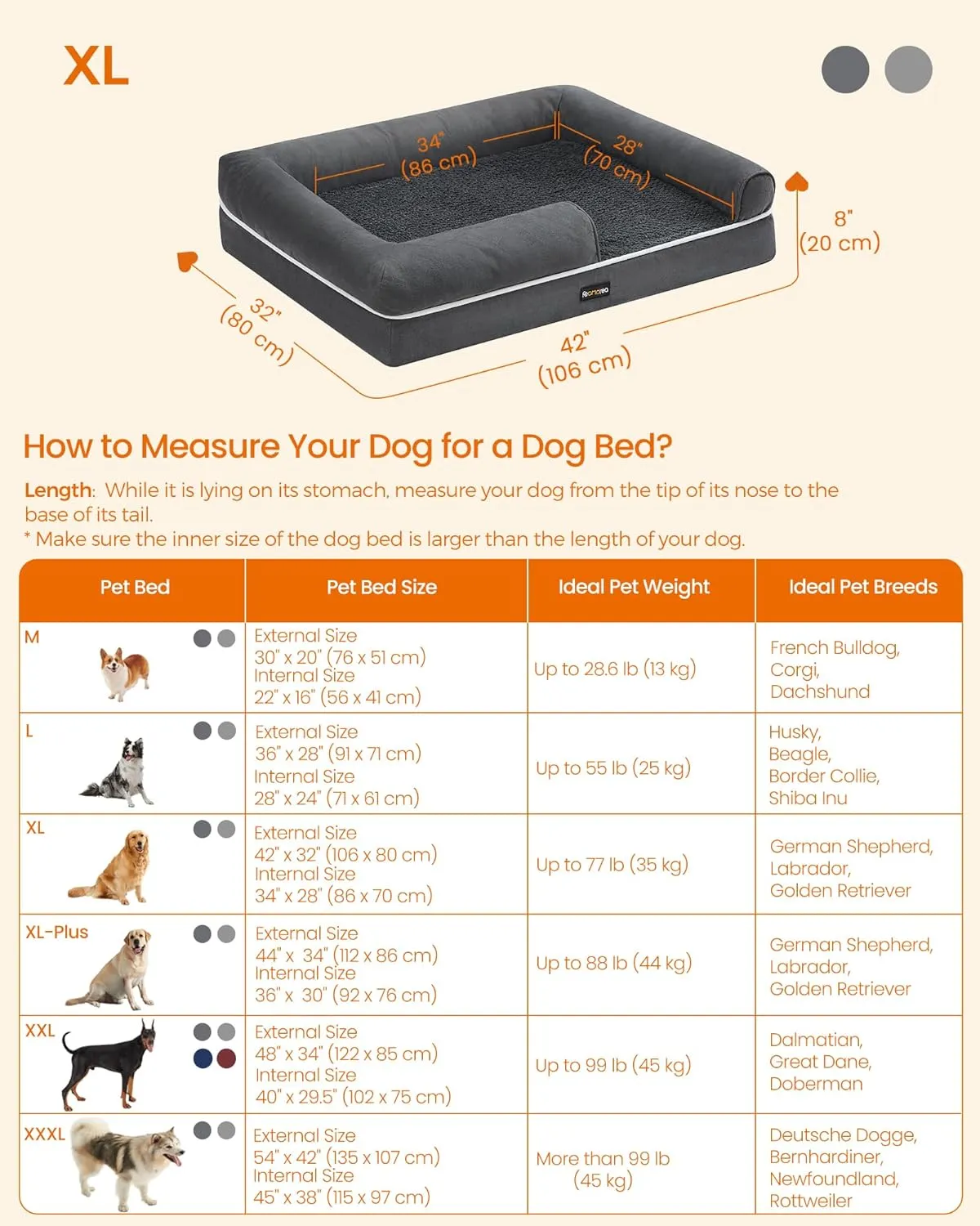 Feandrea Orthopedic Dog Bed - Large, Waterproof, Removable Washable Cover, Non-Slip Bottom, Raised Edges, 42 x 32 x 8 Inches, Dark Gray