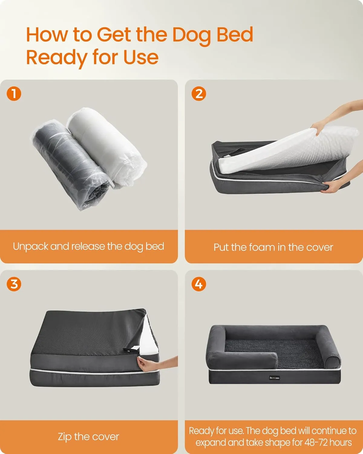 Feandrea Orthopedic Dog Bed - Large, Waterproof, Removable Washable Cover, Non-Slip Bottom, Raised Edges, 42 x 32 x 8 Inches, Dark Gray
