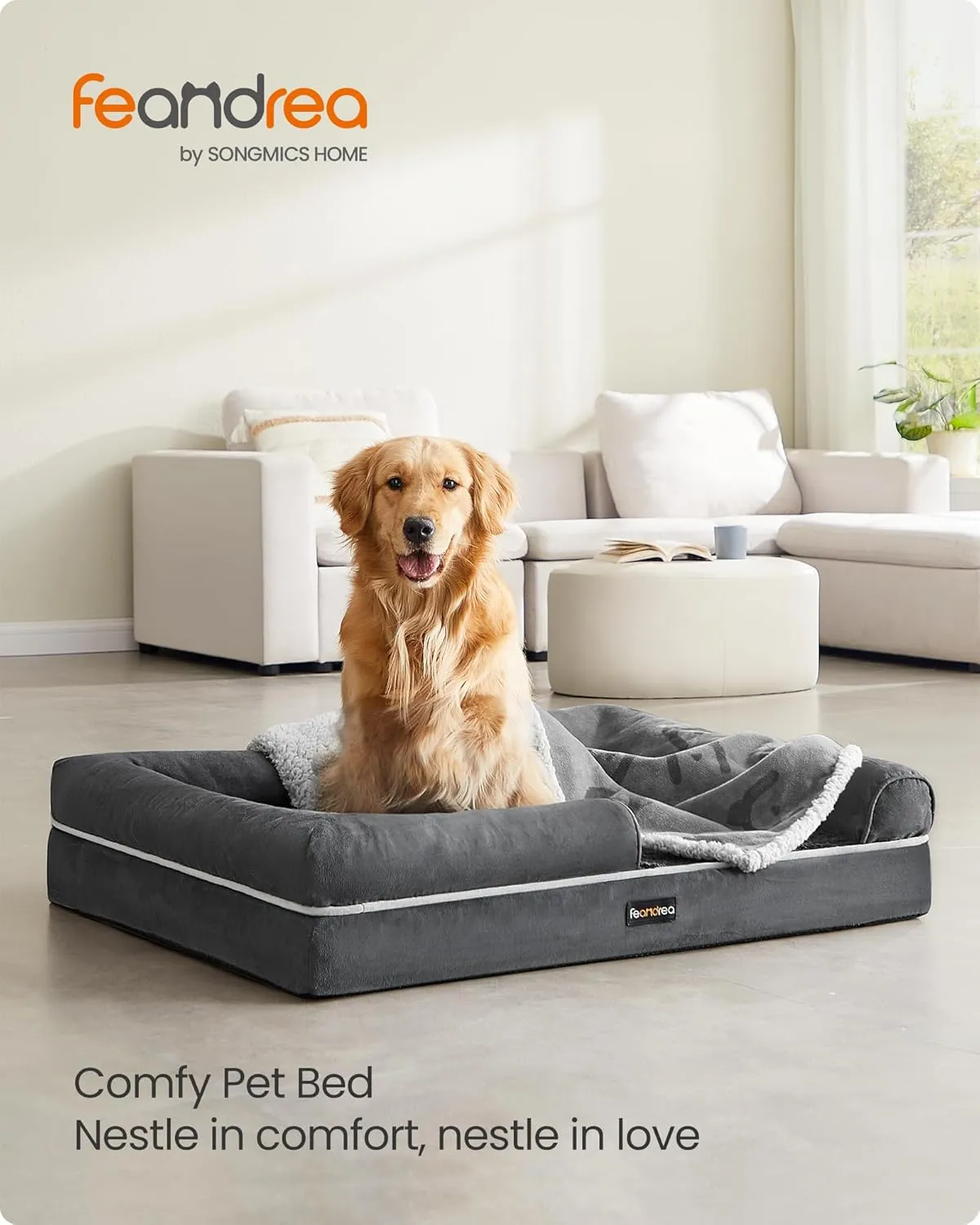 Feandrea Orthopedic Dog Bed - Large, Waterproof, Removable Washable Cover, Non-Slip Bottom, Raised Edges, 42 x 32 x 8 Inches, Dark Gray