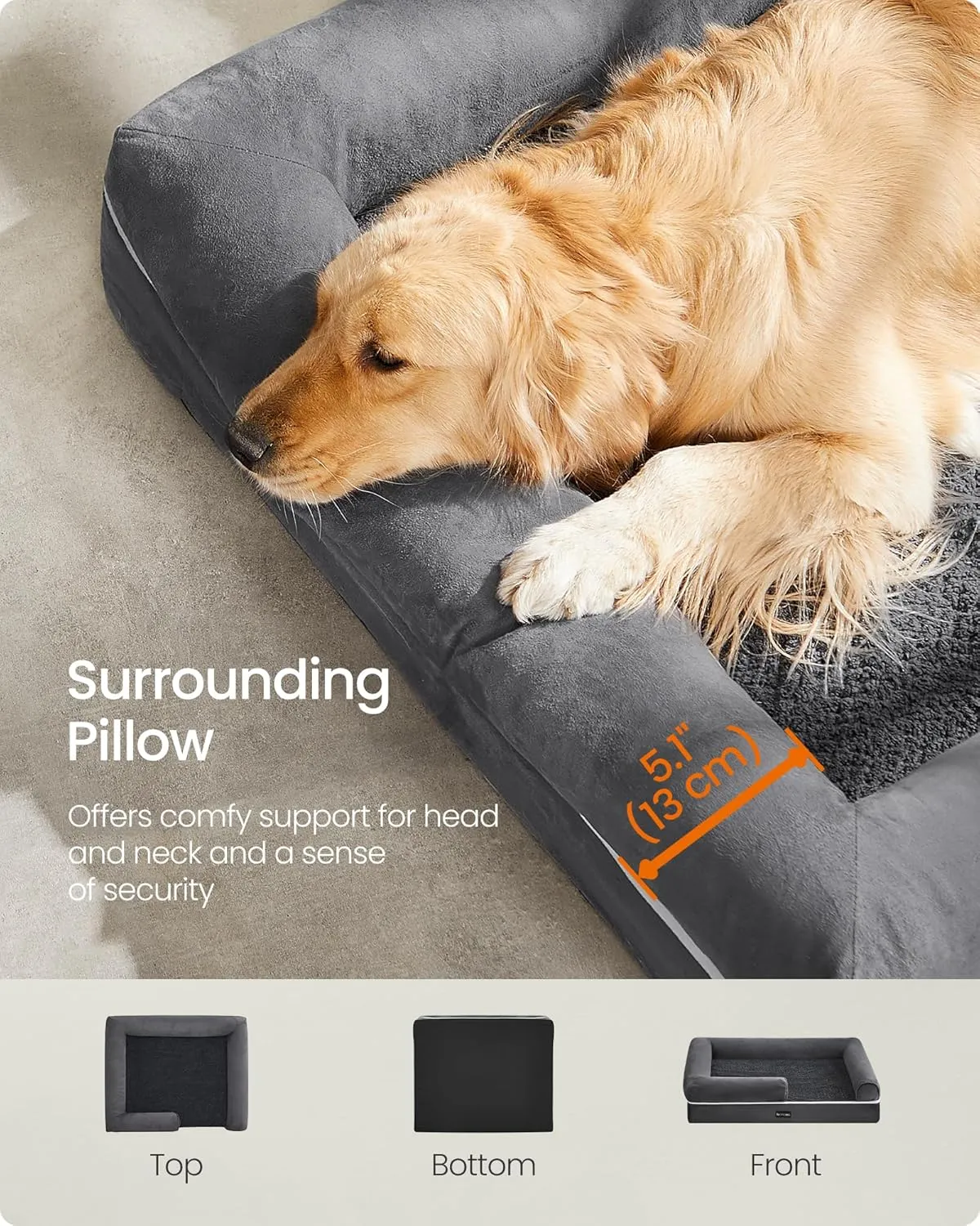Feandrea Orthopedic Dog Bed - Large, Waterproof, Removable Washable Cover, Non-Slip Bottom, Raised Edges, 42 x 32 x 8 Inches, Dark Gray
