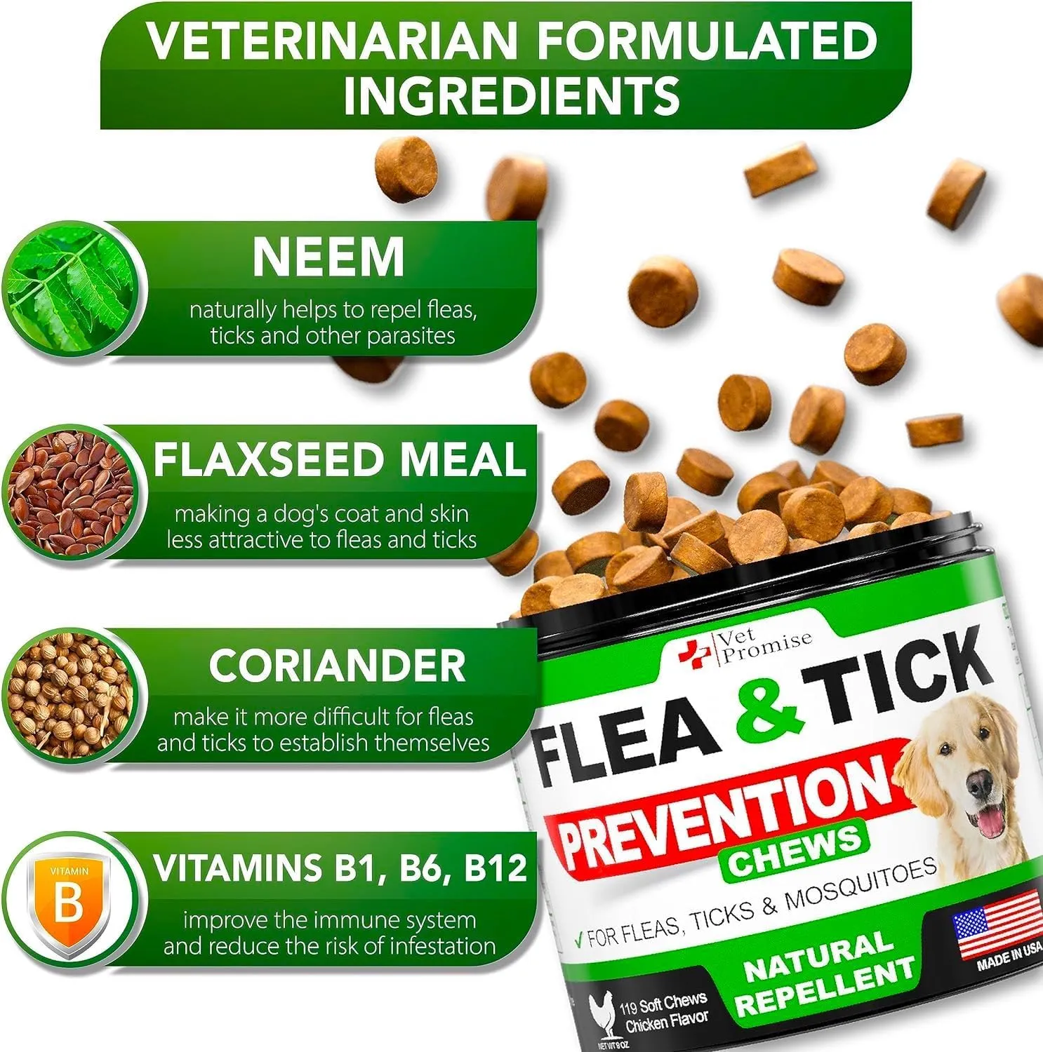 Flea and Tick Prevention for Dogs Chewables - Natural Dog Flea and Tick Control Treatment Chews - Oral Pills Supplement - All Breeds and Ages - Made in USA - Soft Treats