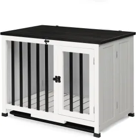 Foldable Wooden Dog Crate Furniture with Removable Tray, Indoor Dog Kennel End Table, Iron & Wood Dog Cage with Secure Lock, Portable Pet Crate for Medium Dogs, No Assembly, 33-Inch
