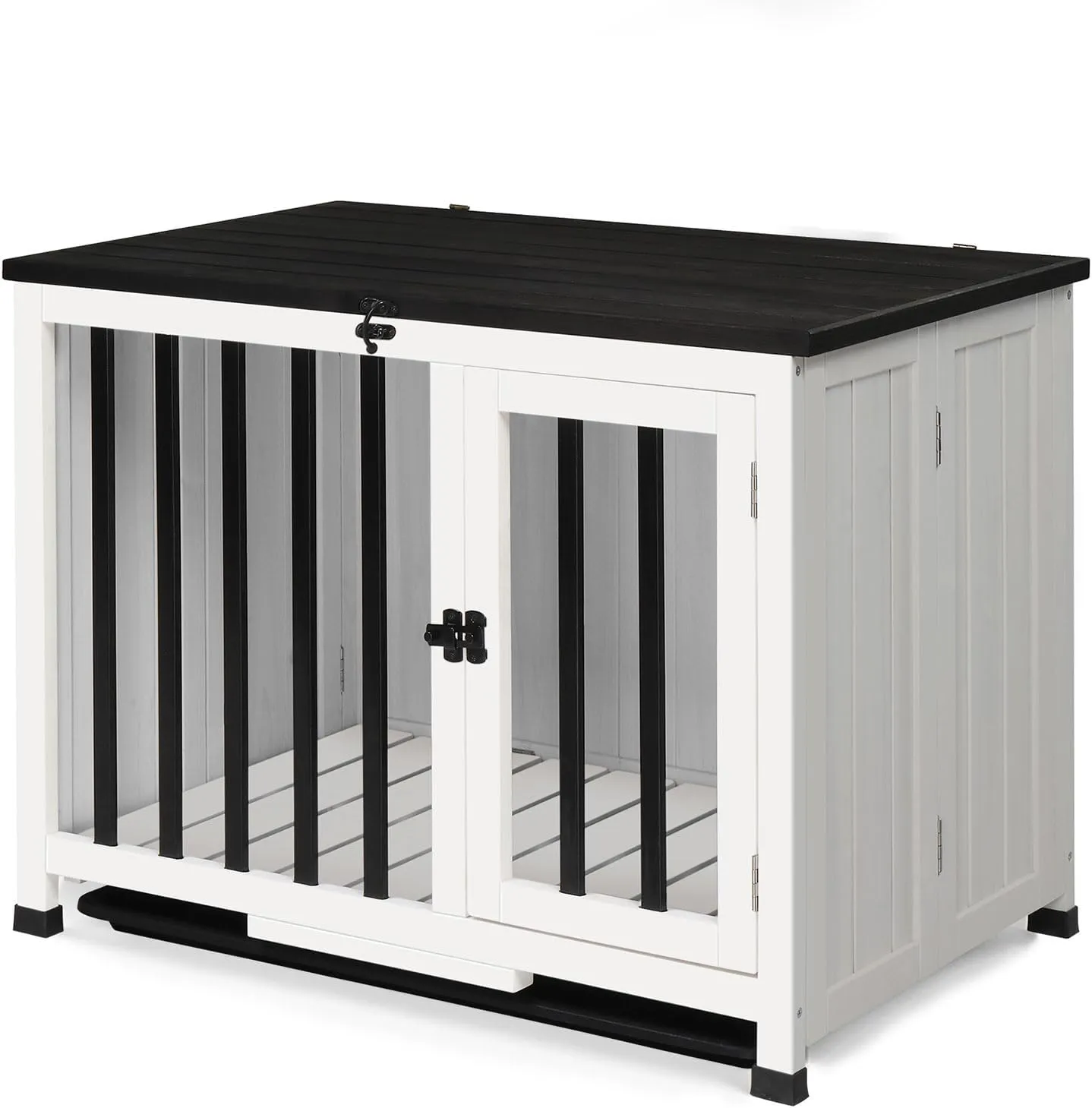 Foldable Wooden Dog Crate Furniture with Removable Tray, Indoor Dog Kennel End Table, Iron & Wood Dog Cage with Secure Lock, Portable Pet Crate for Medium Dogs, No Assembly, 33-Inch
