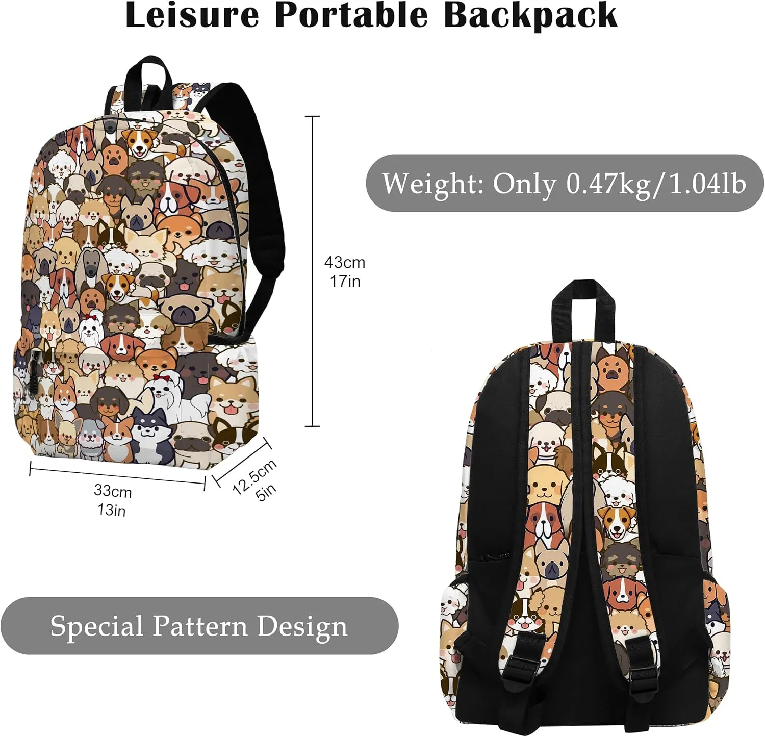 Funny Dog School Backpack for Girls Boys Bookbag, 17 Inch Dog Laptop Backpack, Dogs Animals Theme Back Pack for School Travel Hiking Camping