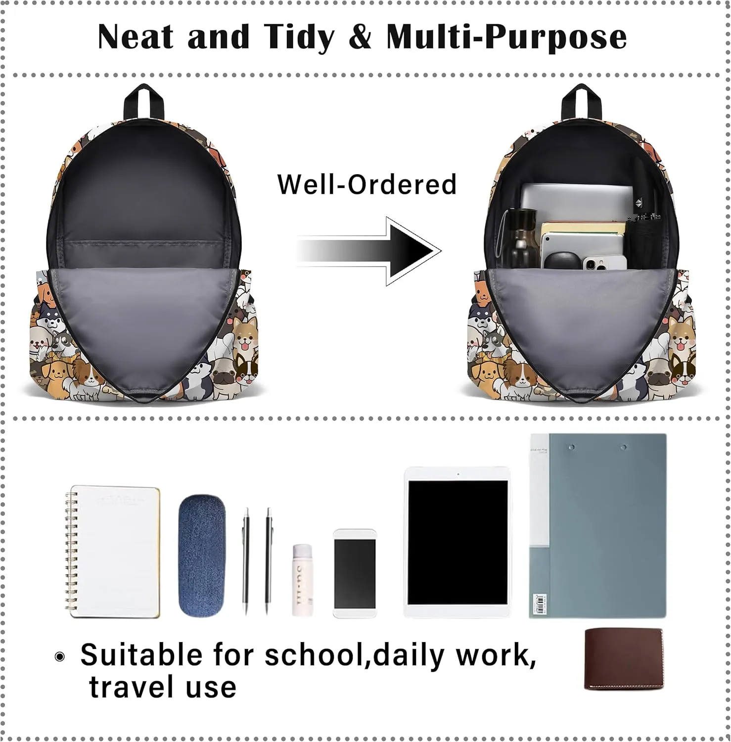 Funny Dog School Backpack for Girls Boys Bookbag, 17 Inch Dog Laptop Backpack, Dogs Animals Theme Back Pack for School Travel Hiking Camping