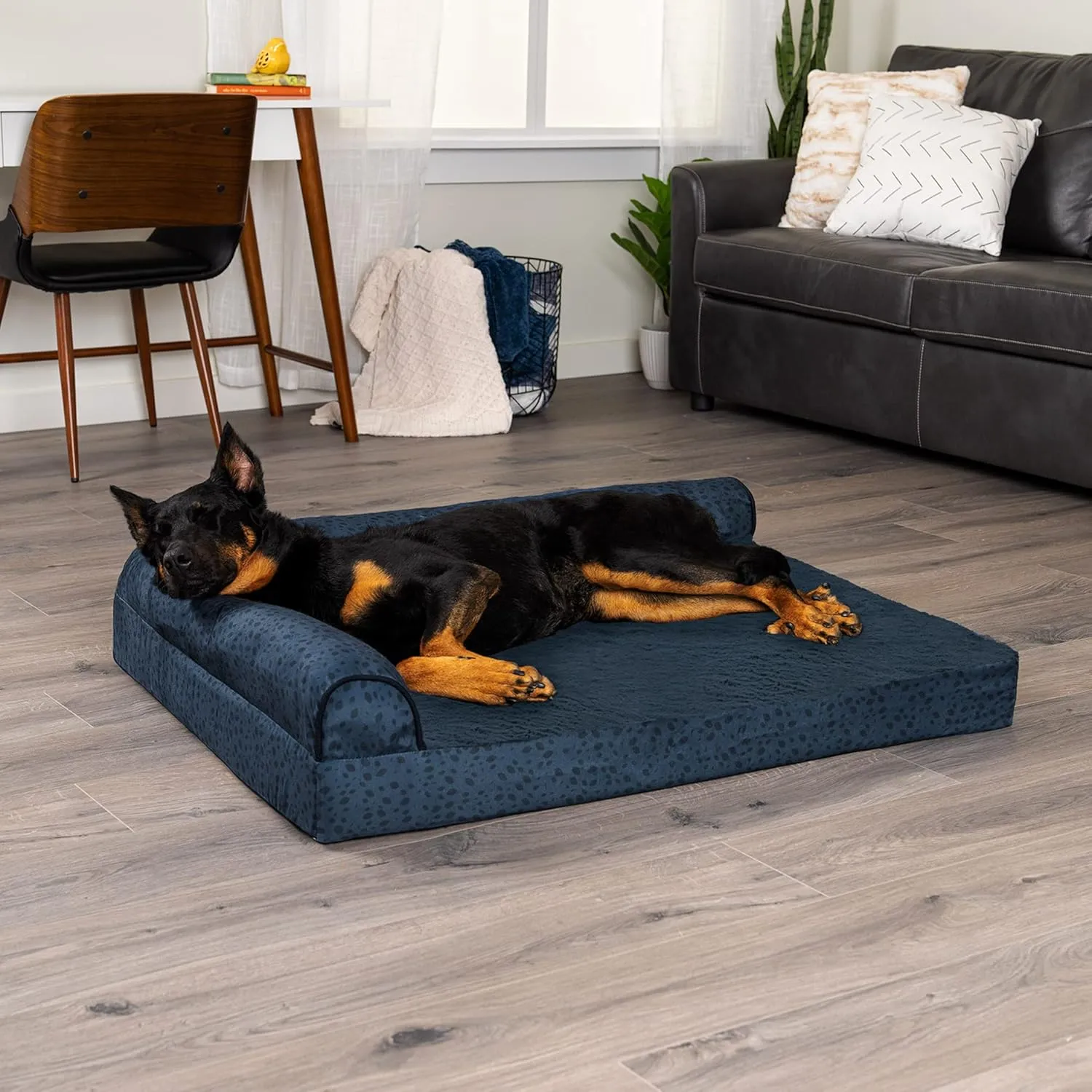 Furhaven Orthopedic Dog Bed for Large Dogs w/ Removable Bolsters & Washable Cover, For Dogs Up to 95 lbs - Plush & Almond Print L Shaped Chaise - Blue Almonds, Jumbo/XL