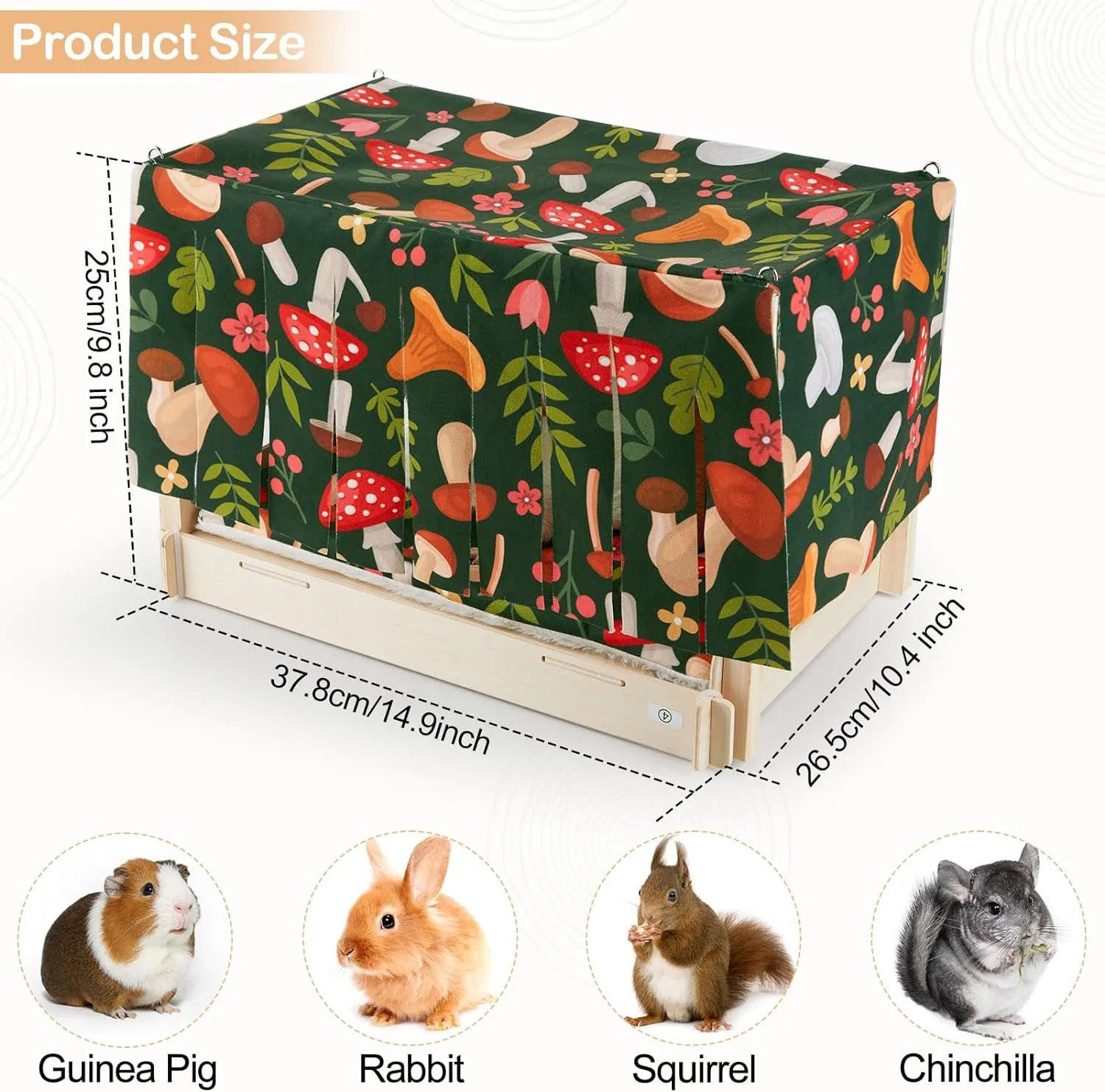 Glittme Guinea Pig Hideout, Wooden Guinea Pig Bed with Waterproof Mat, Durable Rabbit Bed with Door Curtain for Guinea Pig, Rabbit, Ferret, Squirrel, Bunny, Black