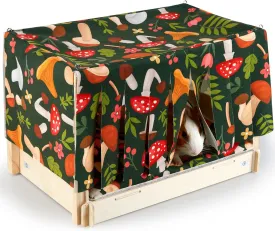 Glittme Guinea Pig Hideout, Wooden Guinea Pig Bed with Waterproof Mat, Durable Rabbit Bed with Door Curtain for Guinea Pig, Rabbit, Ferret, Squirrel, Bunny, Black