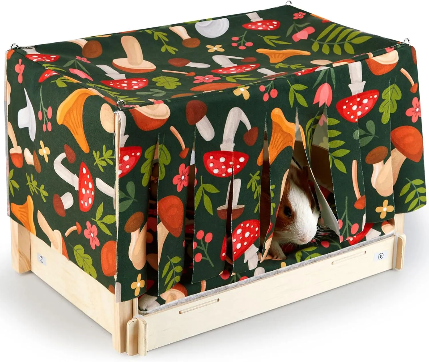 Glittme Guinea Pig Hideout, Wooden Guinea Pig Bed with Waterproof Mat, Durable Rabbit Bed with Door Curtain for Guinea Pig, Rabbit, Ferret, Squirrel, Bunny, Black