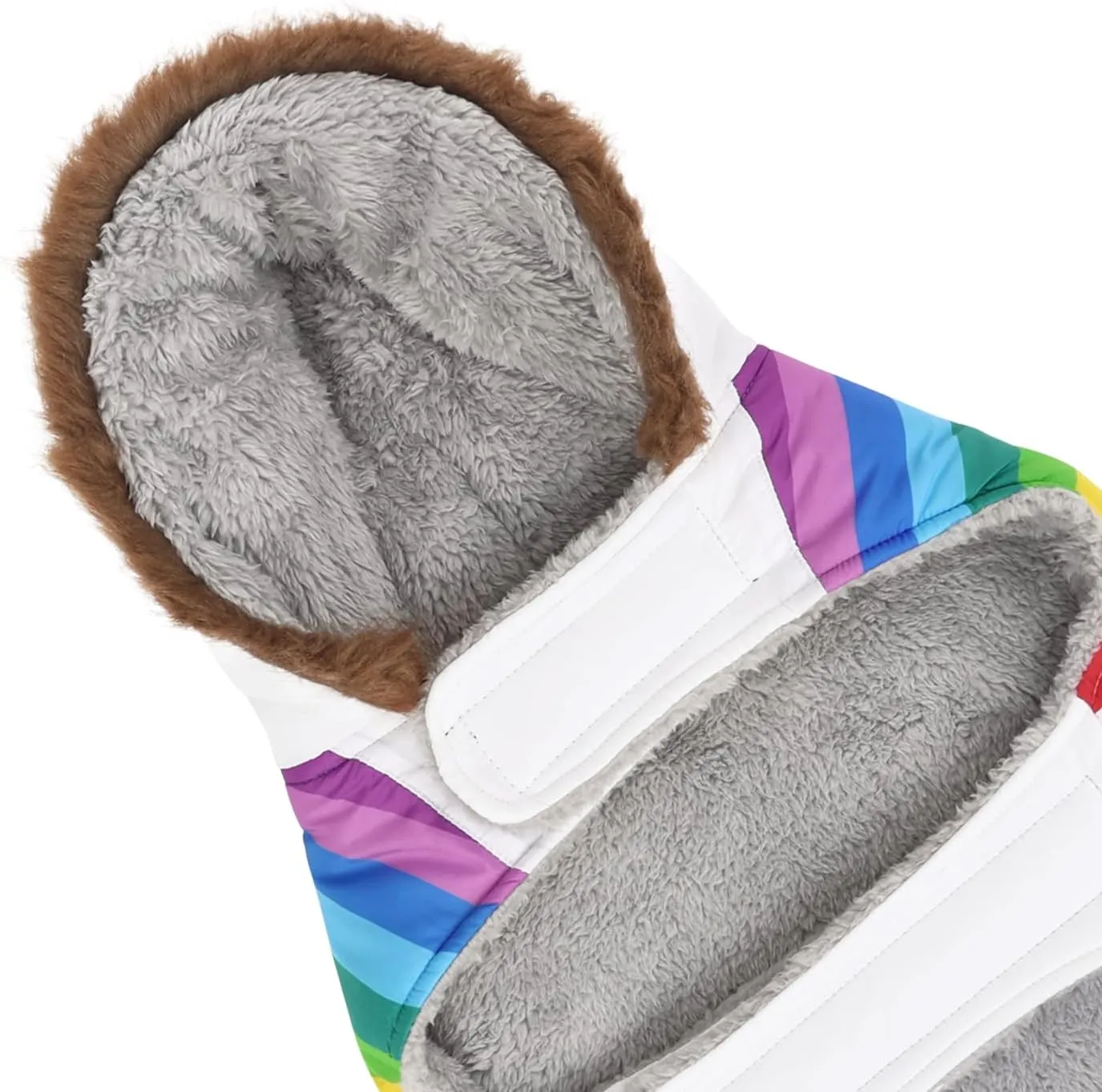 HDE Dog Puffer Jacket Fleece Lined Warm Dog Parka Winter Coat with Harness Hole White Rainbow Stripe - L