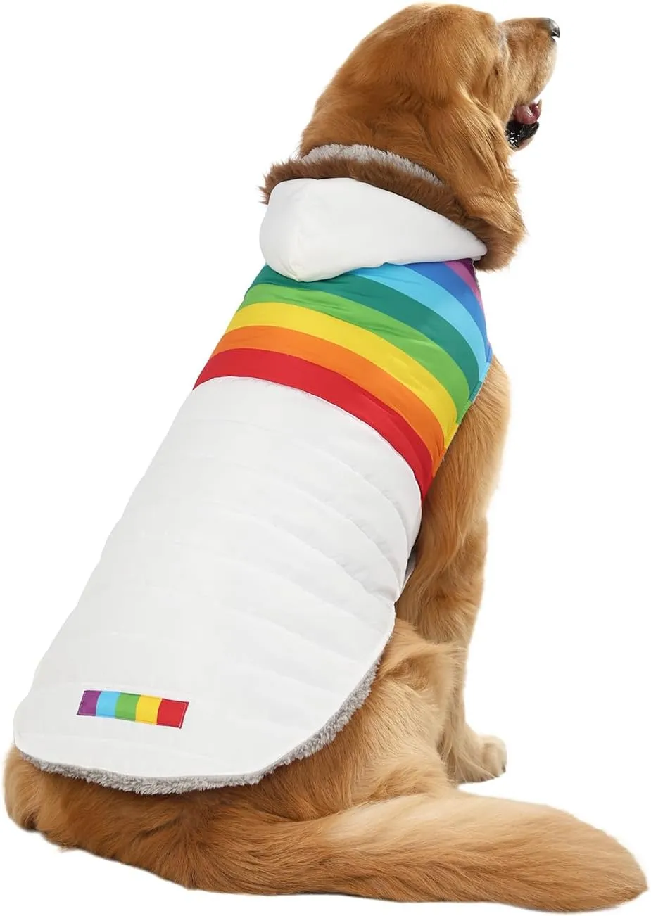 HDE Dog Puffer Jacket Fleece Lined Warm Dog Parka Winter Coat with Harness Hole White Rainbow Stripe - L